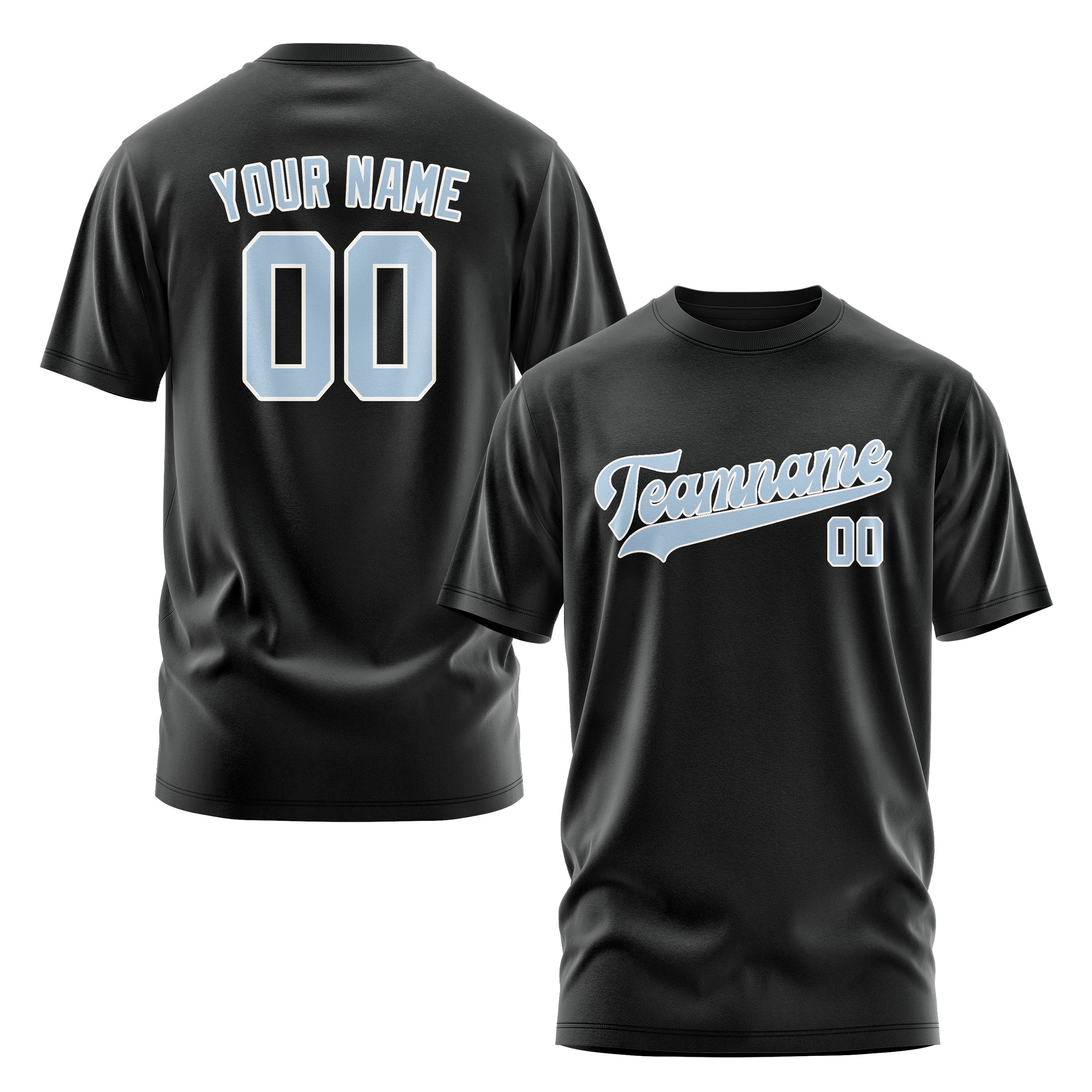 Maßgeschneidertes Schwarz Hellblau T-Shirt
