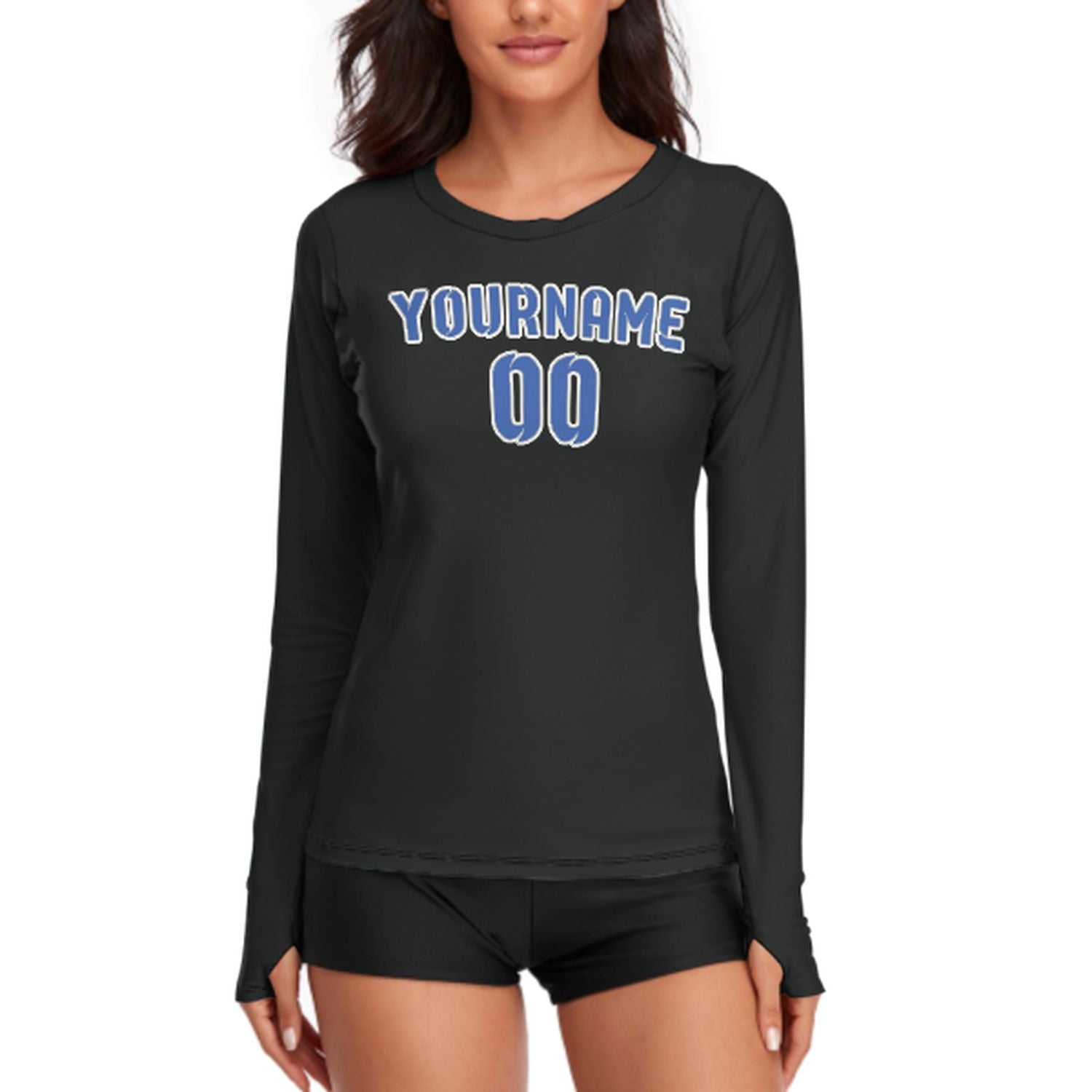 Maßgeschneidertes Schwarz Himmelblau Damen Langarmshirt