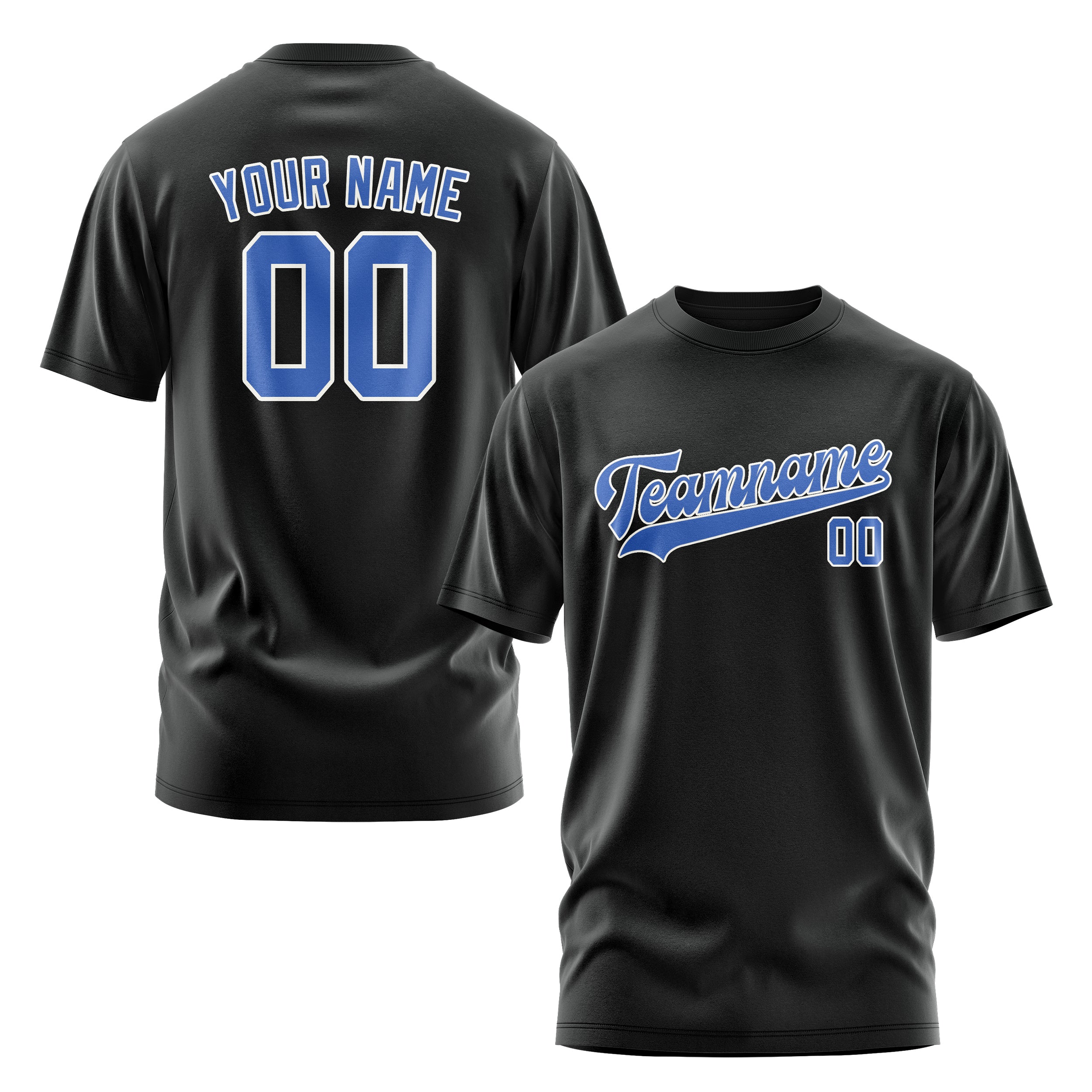 Maßgeschneidertes Schwarz Himmelblau T-Shirt