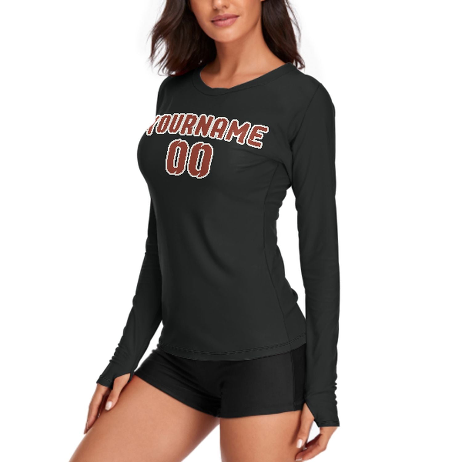 Maßgeschneidertes Schwarz Korallenrot Damen Langarmshirt