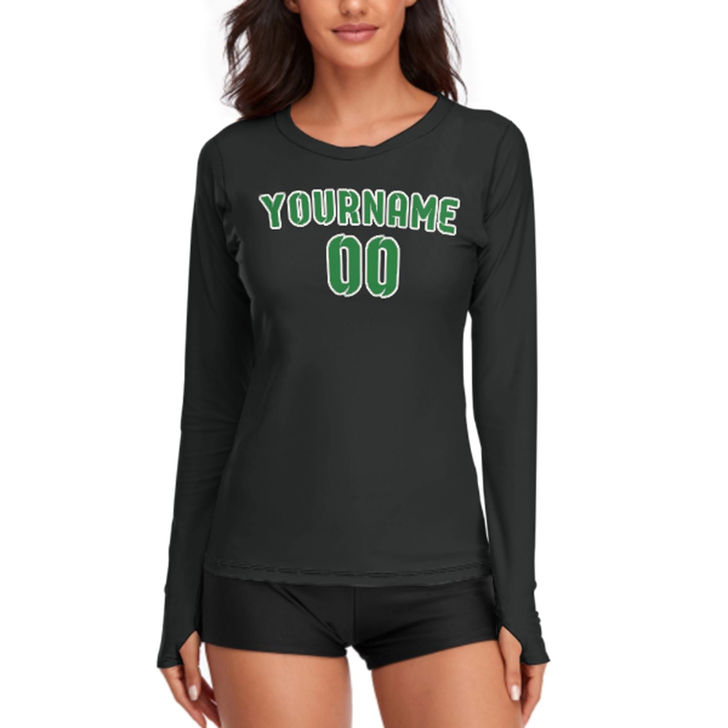 Maßgeschneidertes Schwarz Smaragdgrün Damen Langarmshirt