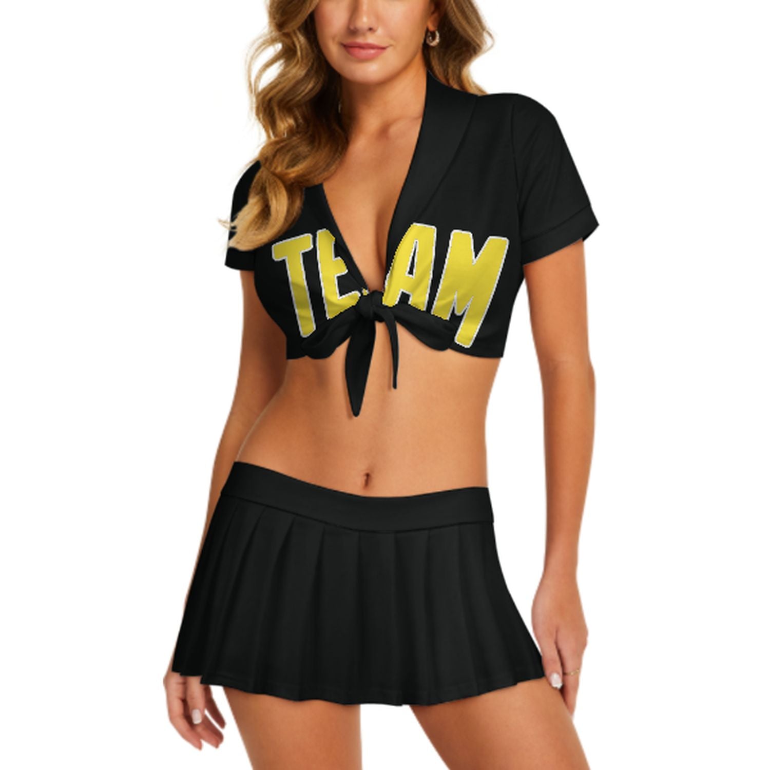 Maßgeschneidertes Schwarz Blassgelb Cheerleader Outfit Set