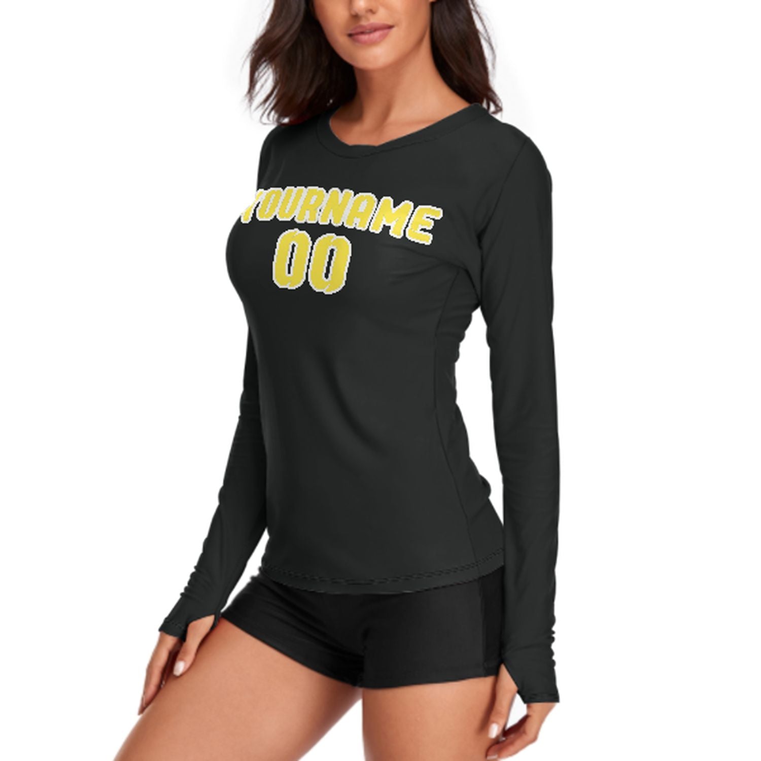 Maßgeschneidertes Schwarz Blassgelb Damen Langarmshirt