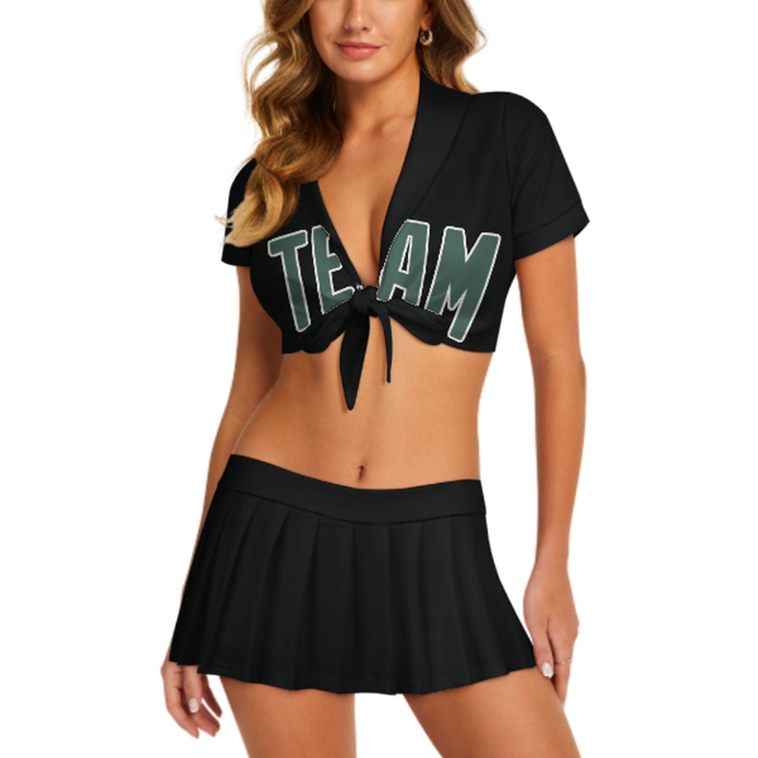 Maßgeschneidertes Schwarz Blaugrün Cheerleader Outfit Set