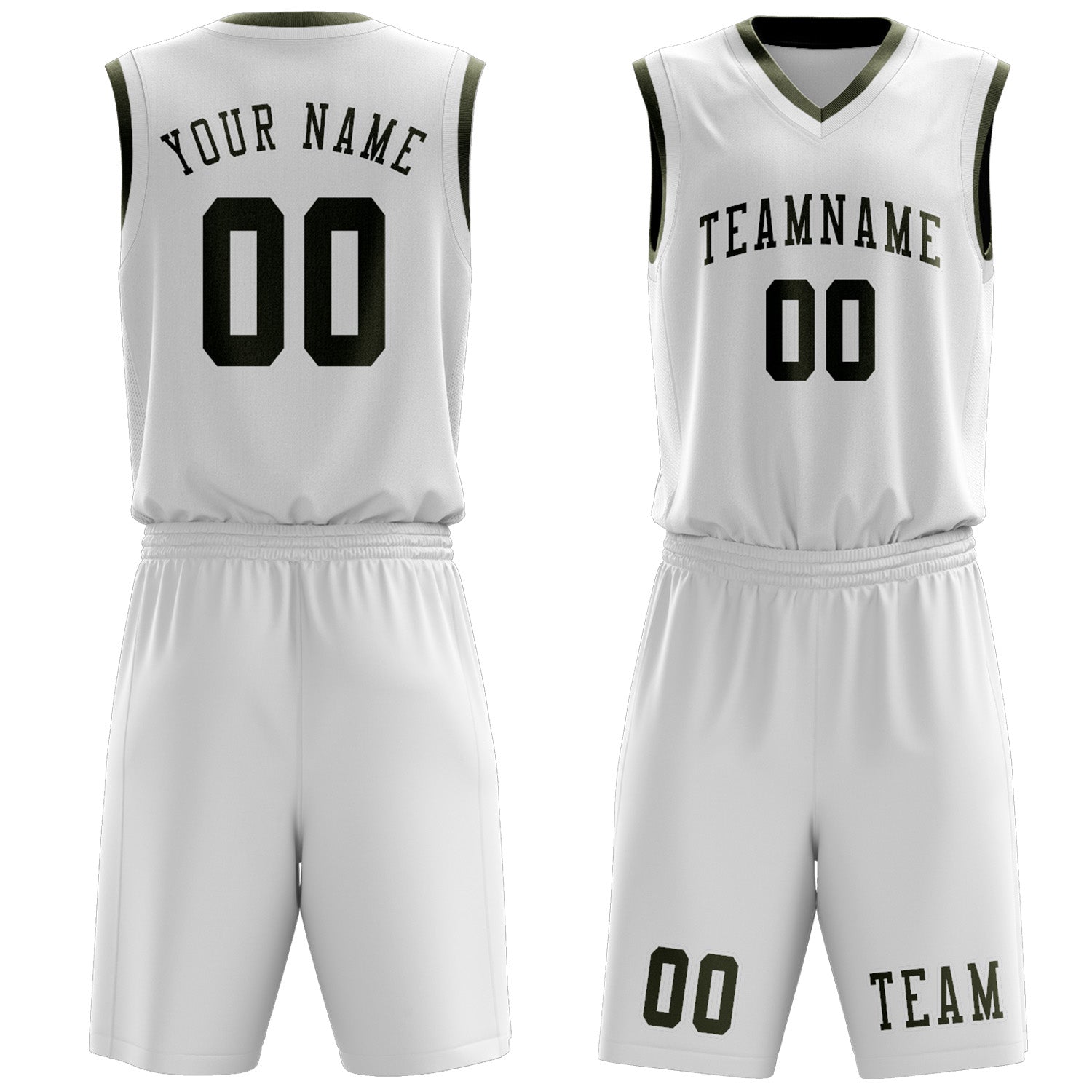 Benutzerdefiniertes Professionelles Weiß Dunkles Oliv Basketballtrikot-Set