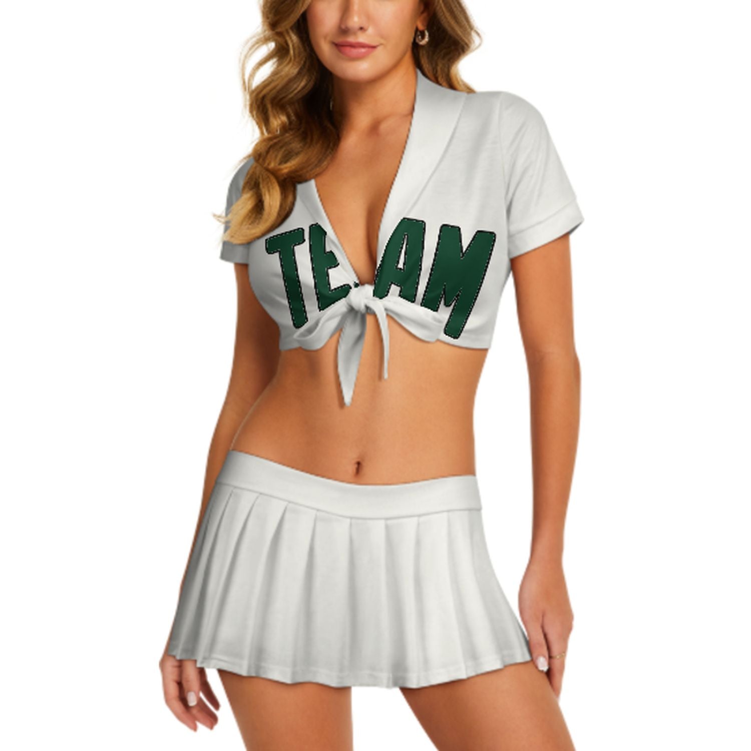 Maßgeschneidertes Weiß Moosgrün Cheerleader Outfit Set