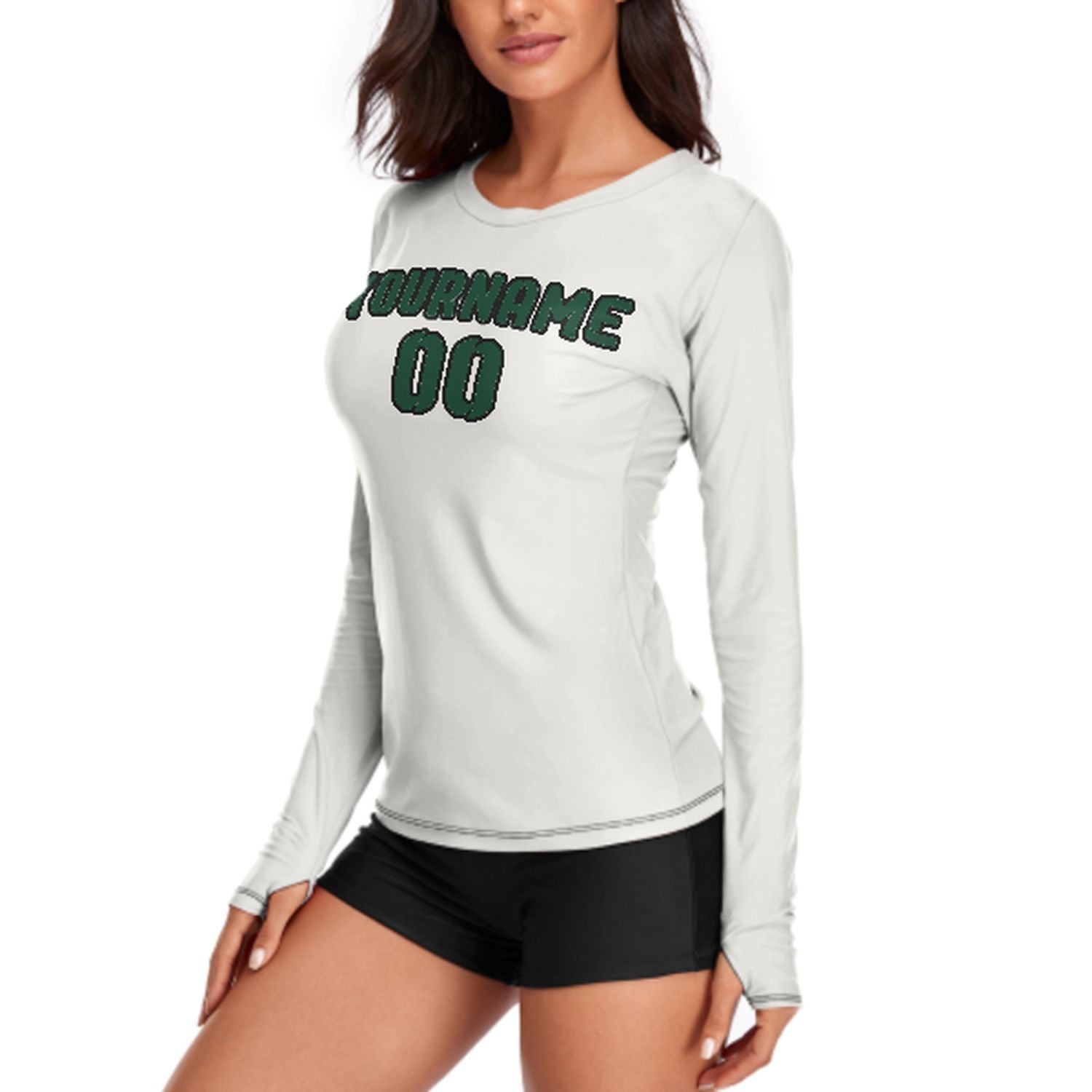 Maßgeschneidertes Weiß Moosgrün Damen Langarmshirt