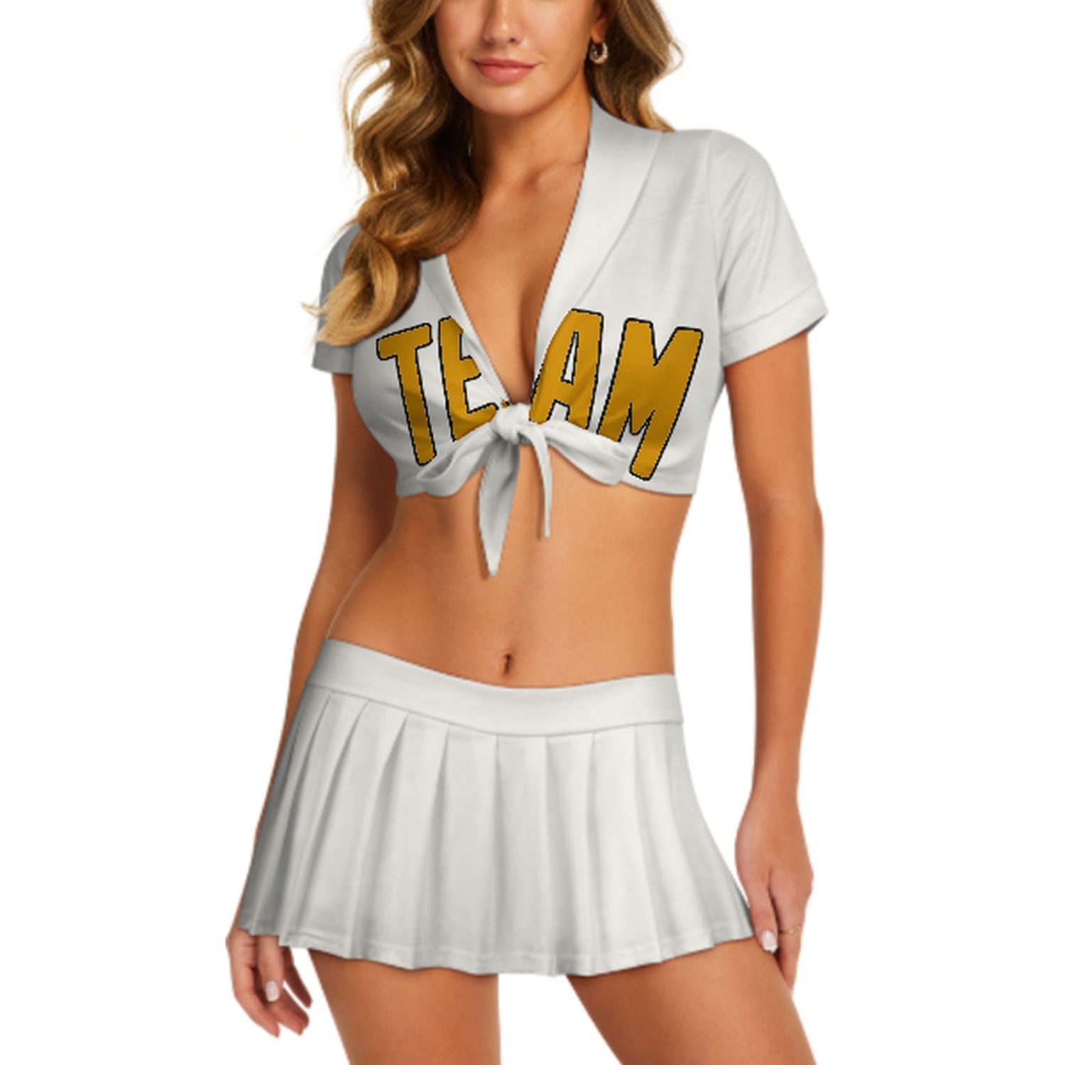 Maßgeschneidertes Weiß Gelb Cheerleader Outfit Set