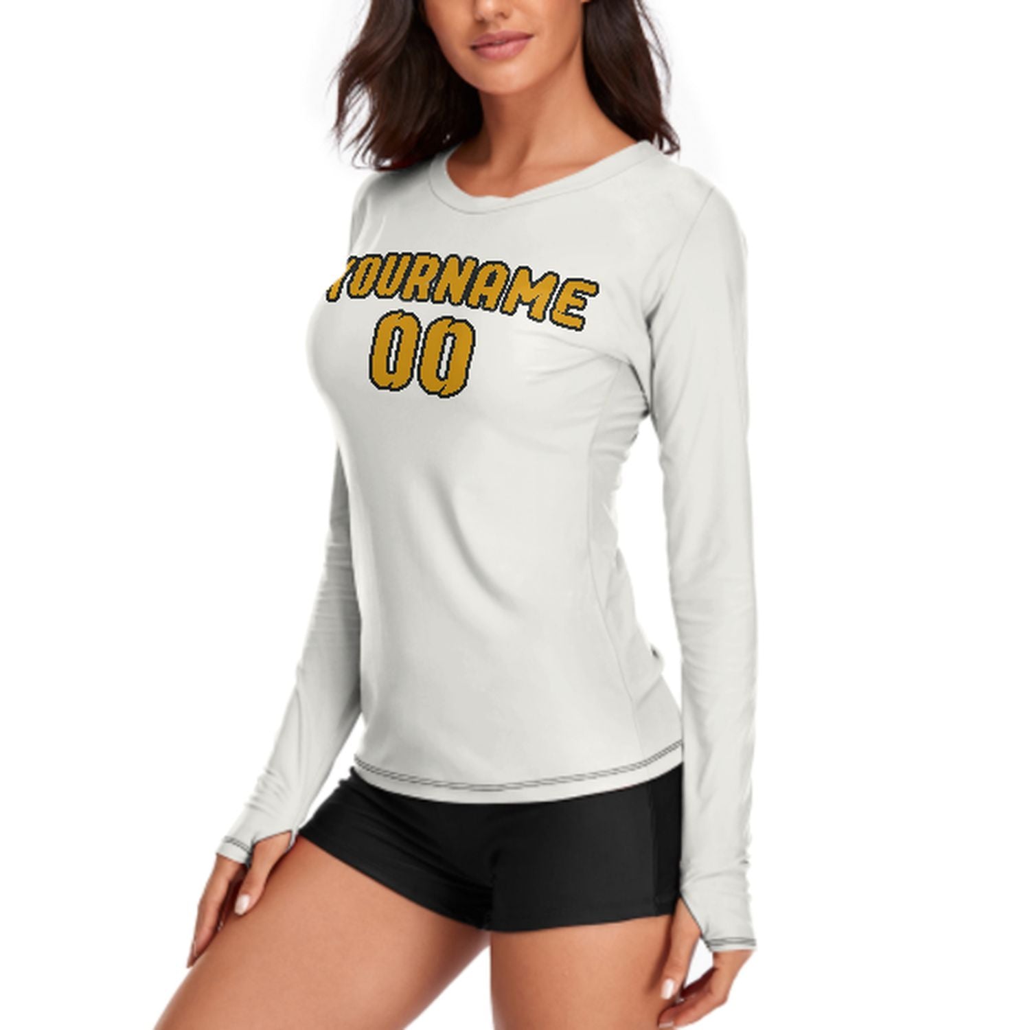 Maßgeschneidertes Weiß Gelb Damen Langarmshirt