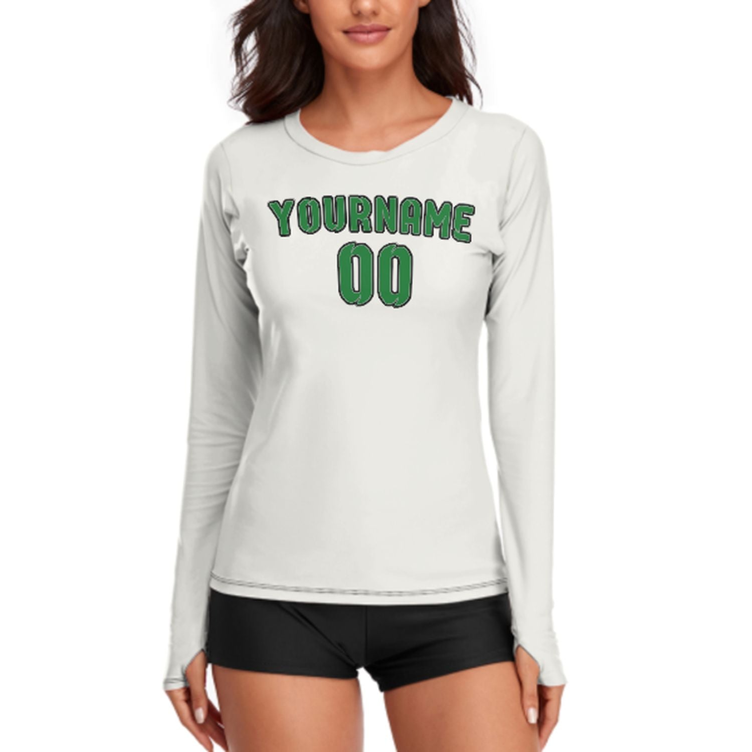 Maßgeschneidertes Weiß Smaragdgrün Damen Langarmshirt