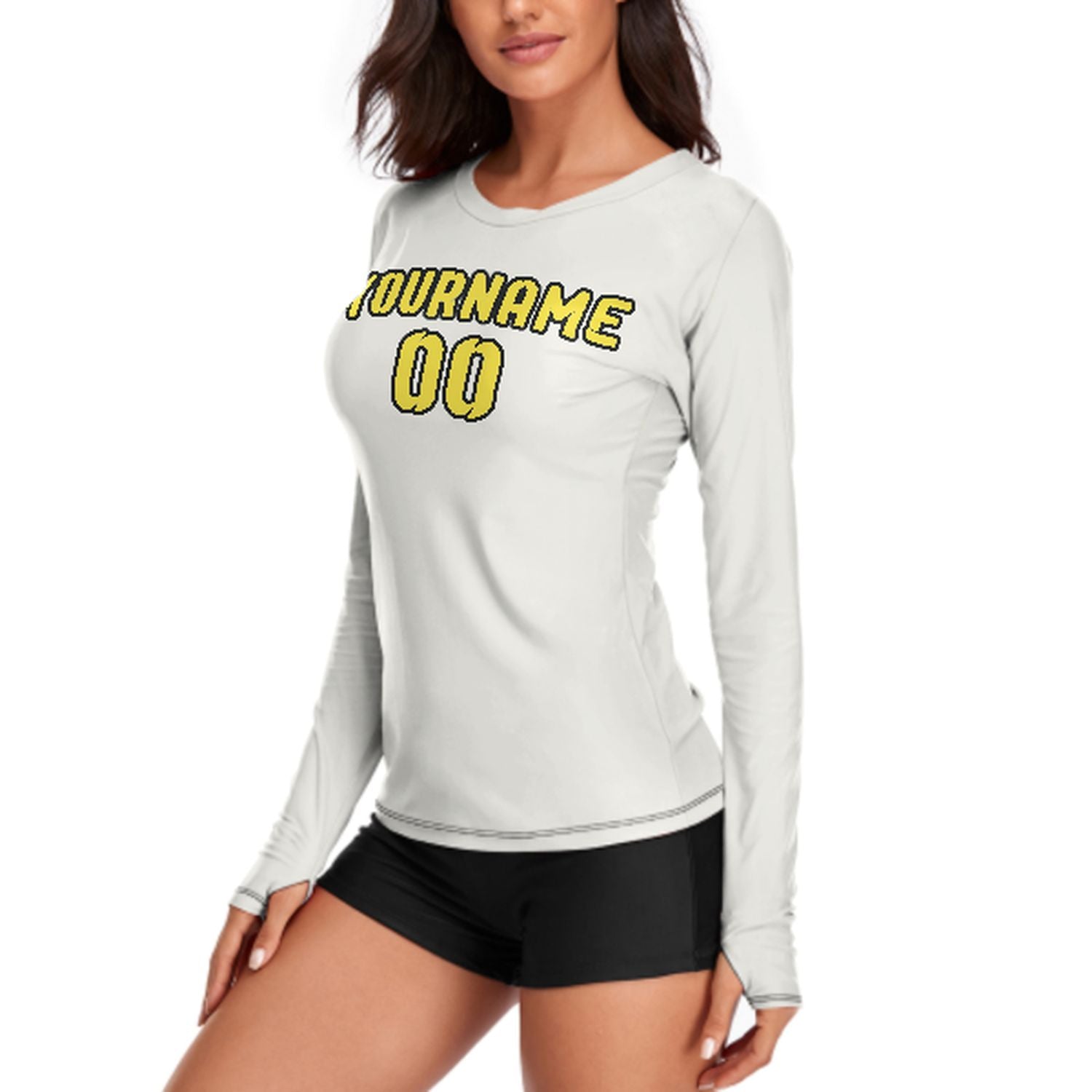 Maßgeschneidertes Weiß Blassgelb Damen Langarmshirt