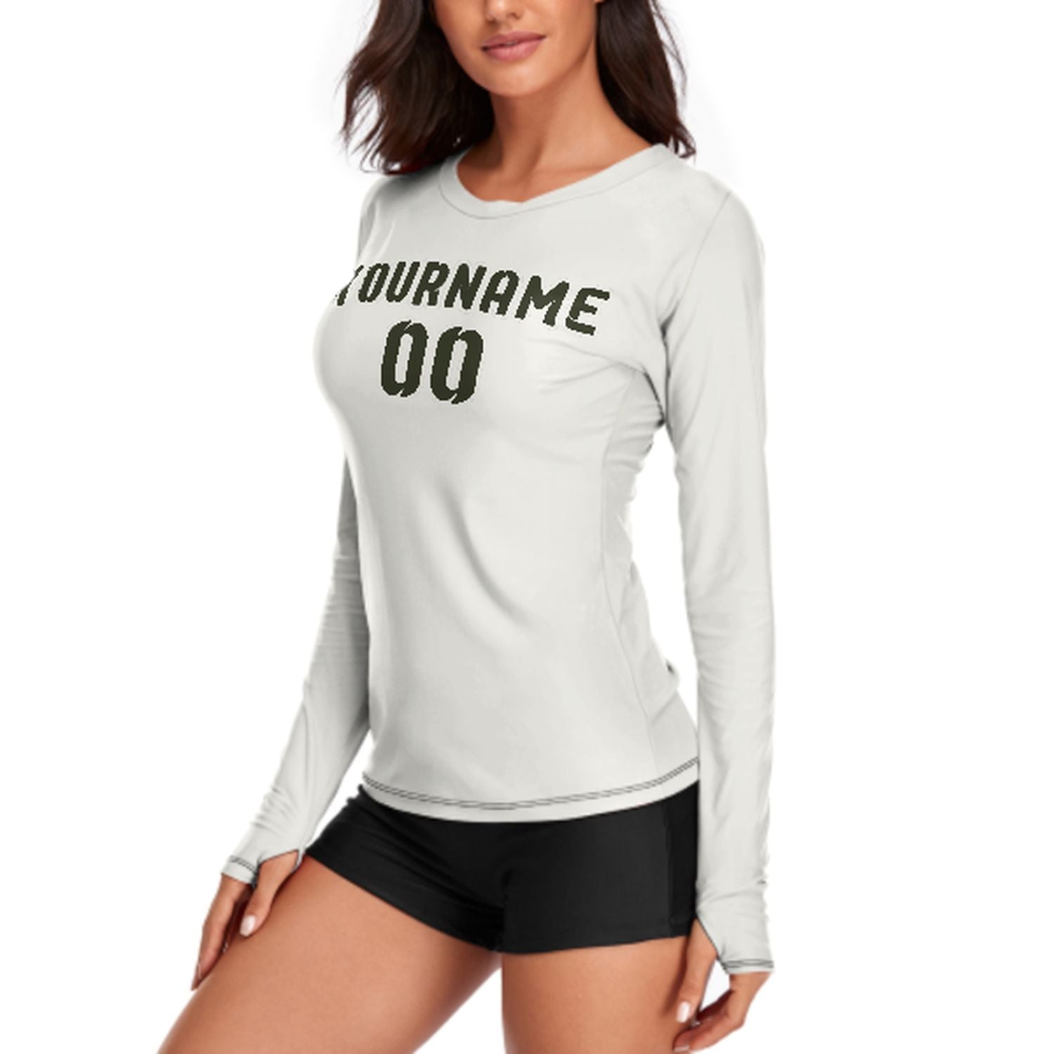 Maßgeschneidertes Weiß Dunkles Oliv Damen Langarmshirt