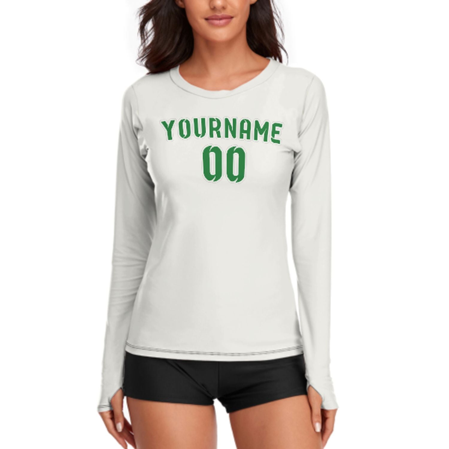 Maßgeschneidertes Weiß Smaragdgrün Damen Langarmshirt