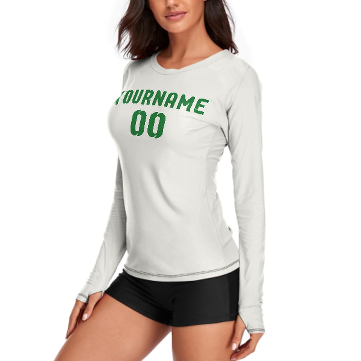 Maßgeschneidertes Weiß Smaragdgrün Damen Langarmshirt
