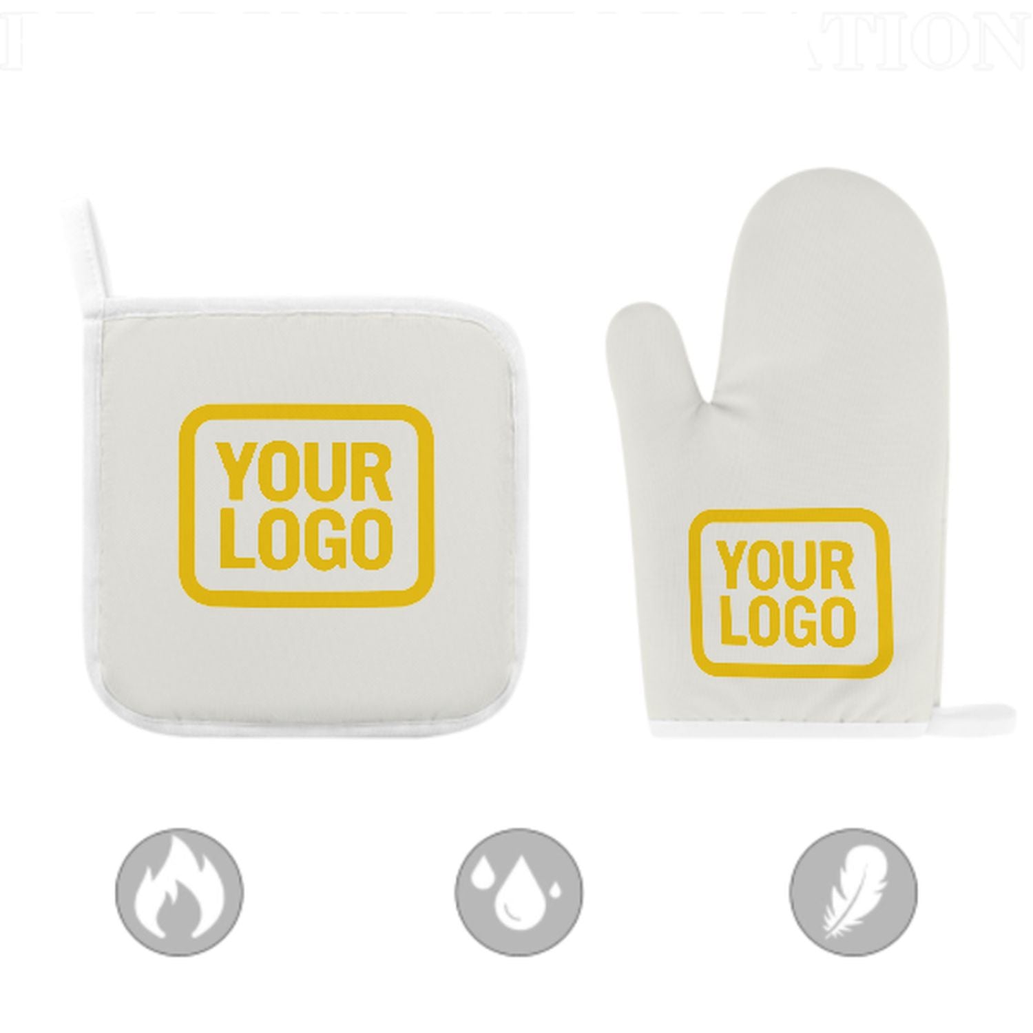 Maßgeschneidertes Weiß  Gold Topfhandschuh Set – 2-teilig