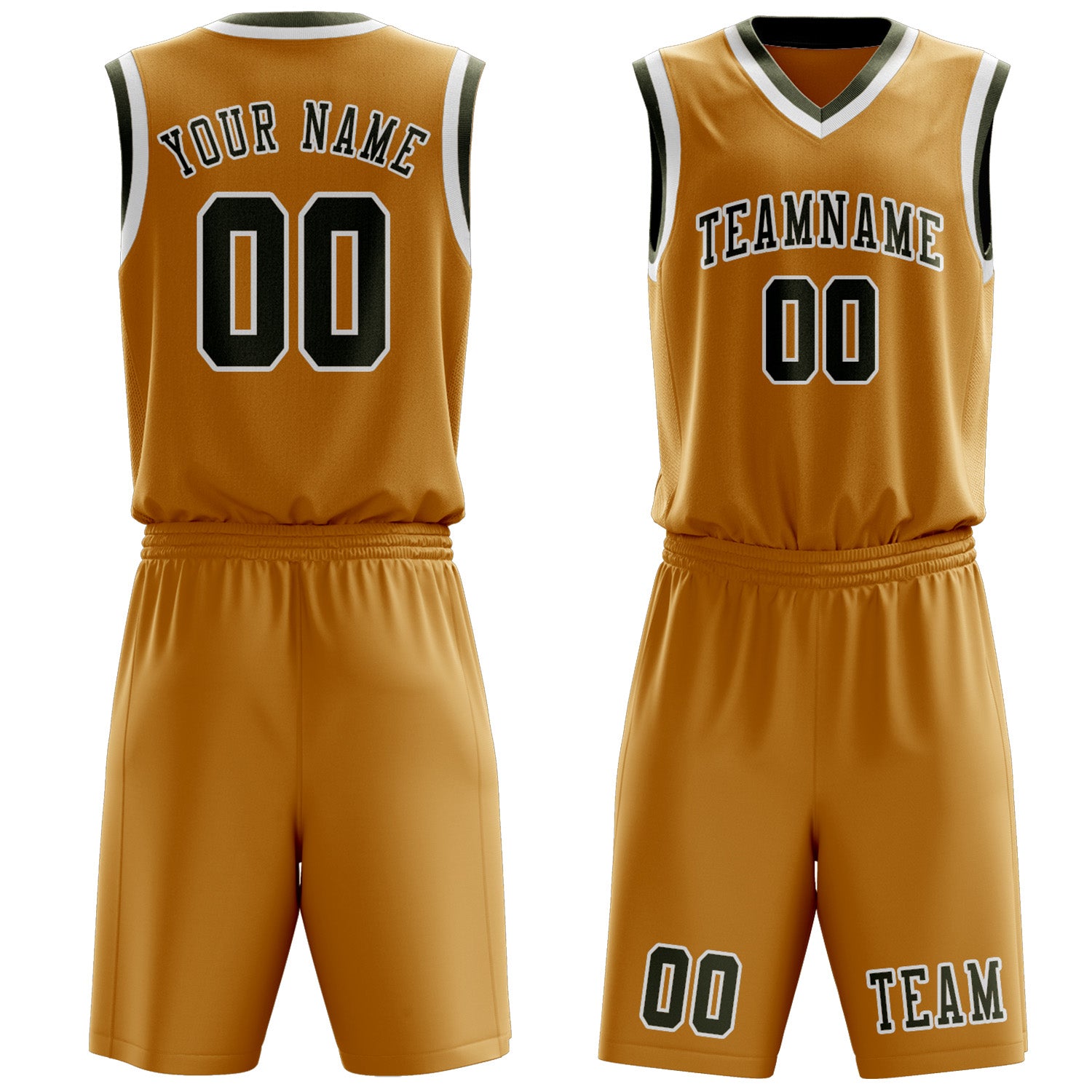 Benutzerdefiniertes Professionelles Gelb Dunkles Oliv Basketballtrikot-Set