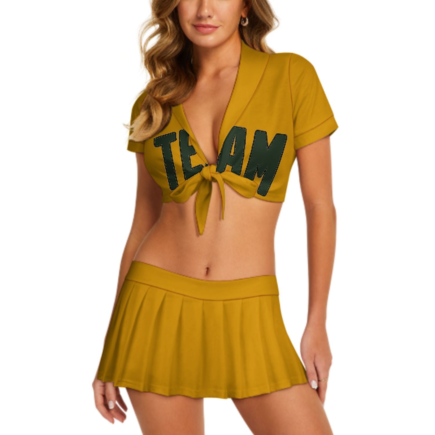 Maßgeschneidertes Gelb Tannengrün Cheerleader Outfit Set