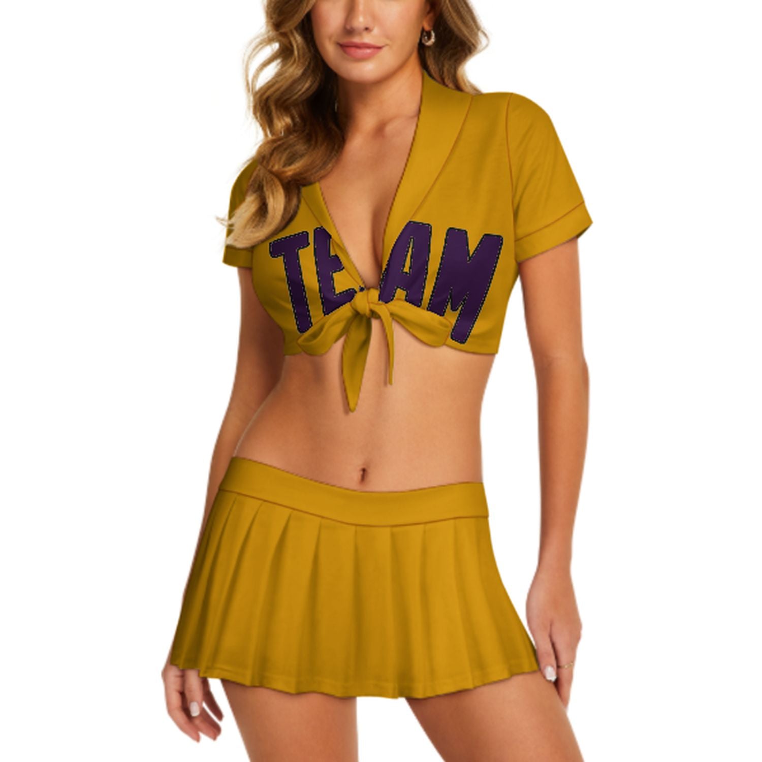 Maßgeschneidertes Gelb Lila Cheerleader Outfit Set