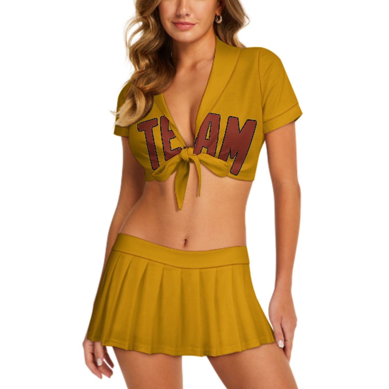 Maßgeschneidertes Gelb Korallenrot Cheerleader Outfit Set