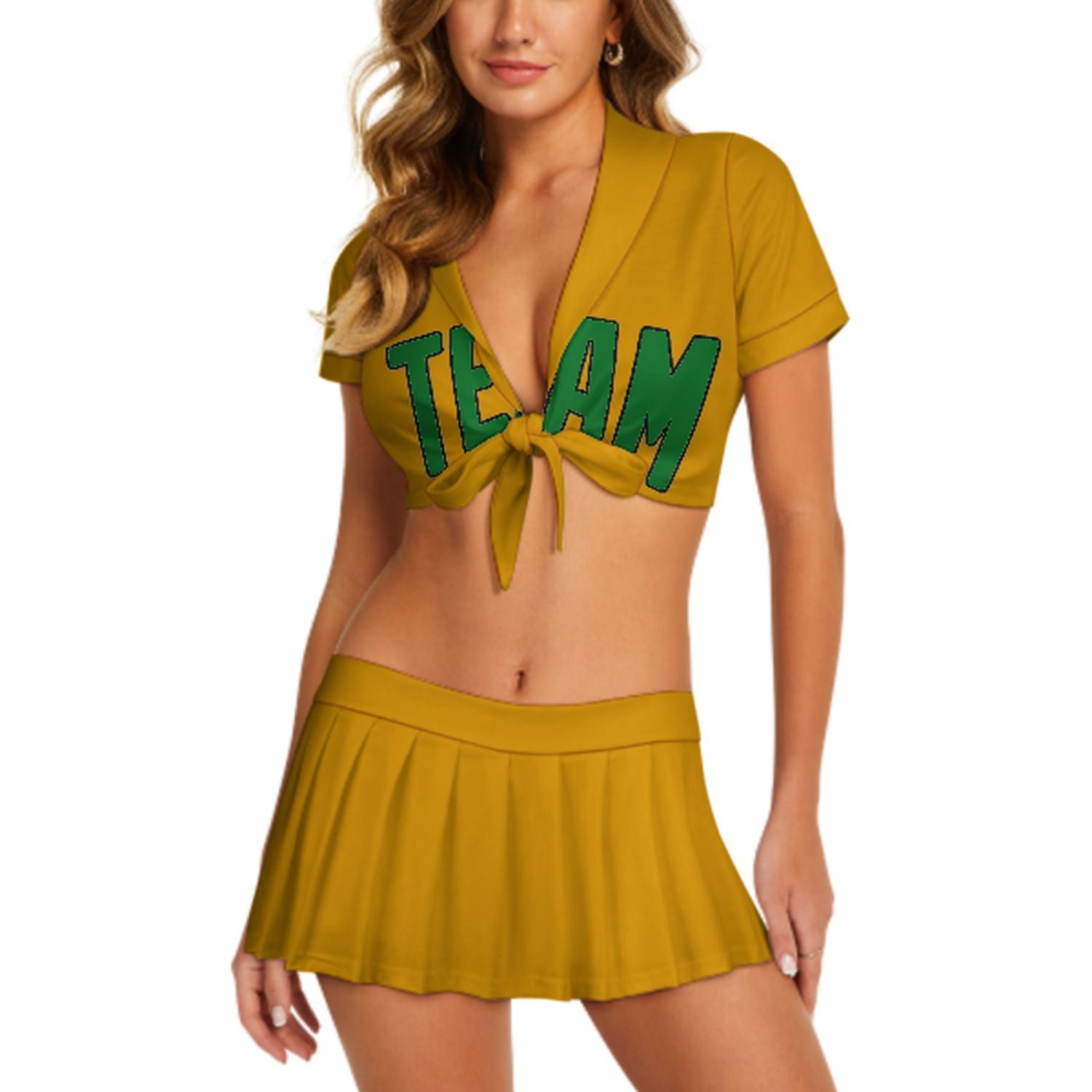 Maßgeschneidertes Gelb Smaragdgrün Cheerleader Outfit Set