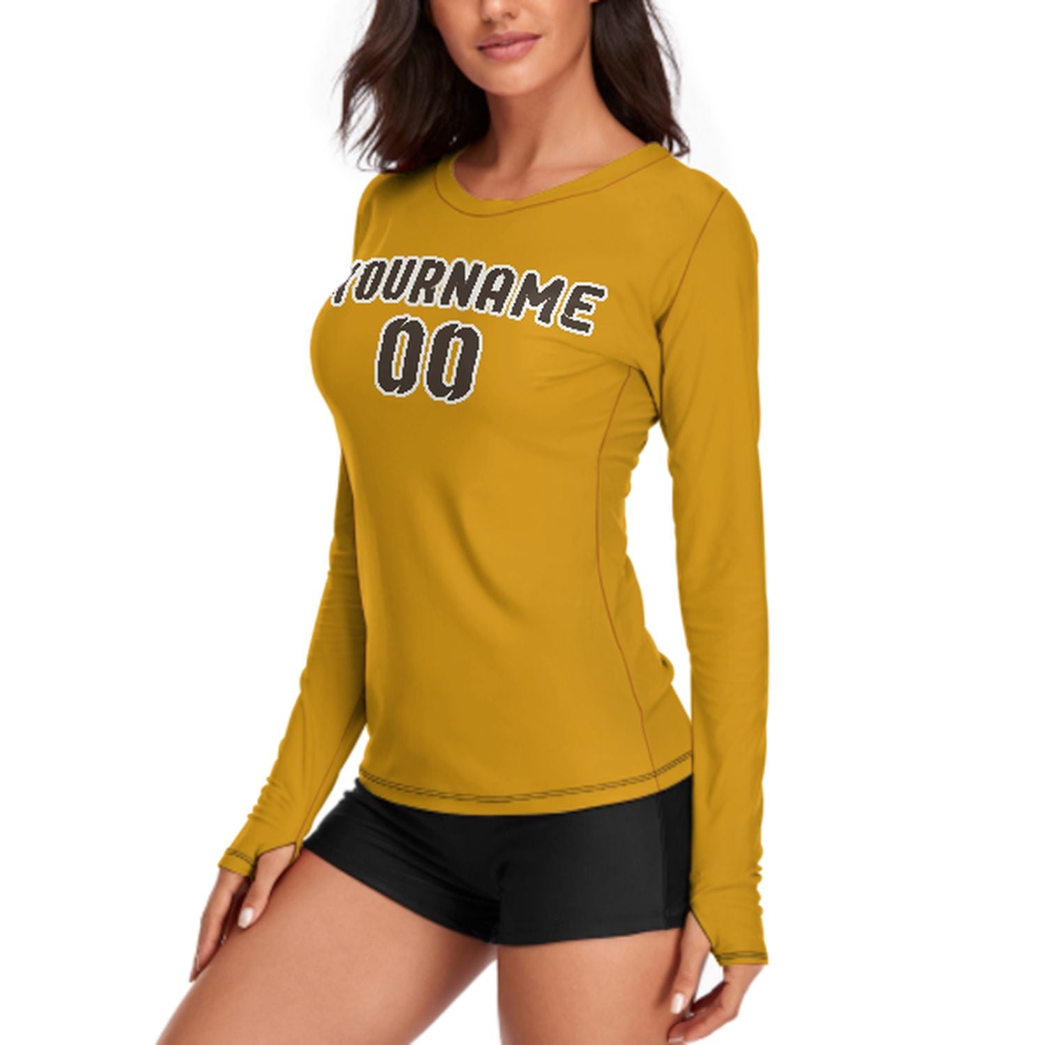 Maßgeschneidertes Gelb Braun Damen Langarmshirt
