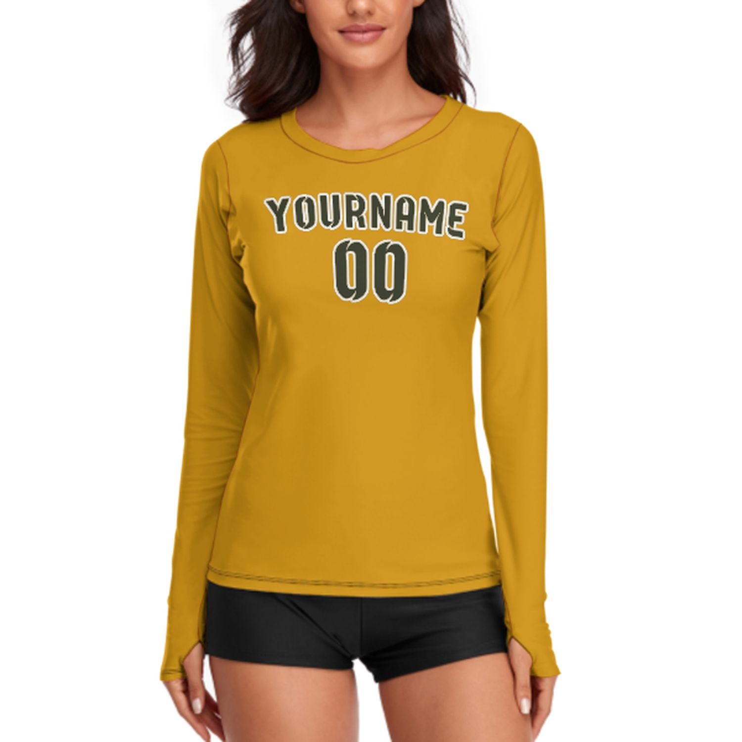 Maßgeschneidertes Gelb Dunkles Oliv Damen Langarmshirt