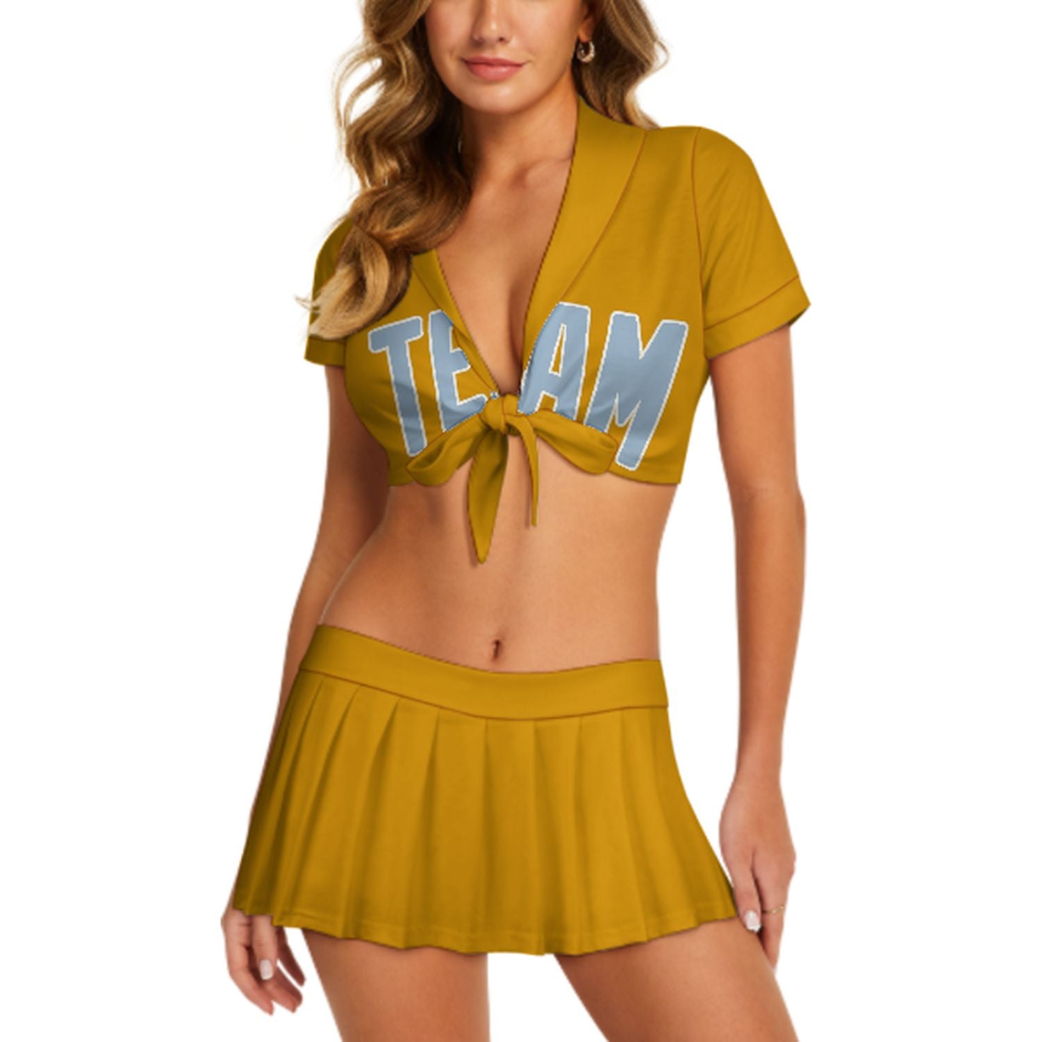 Maßgeschneidertes Gelb Hellblau Cheerleader Outfit Set