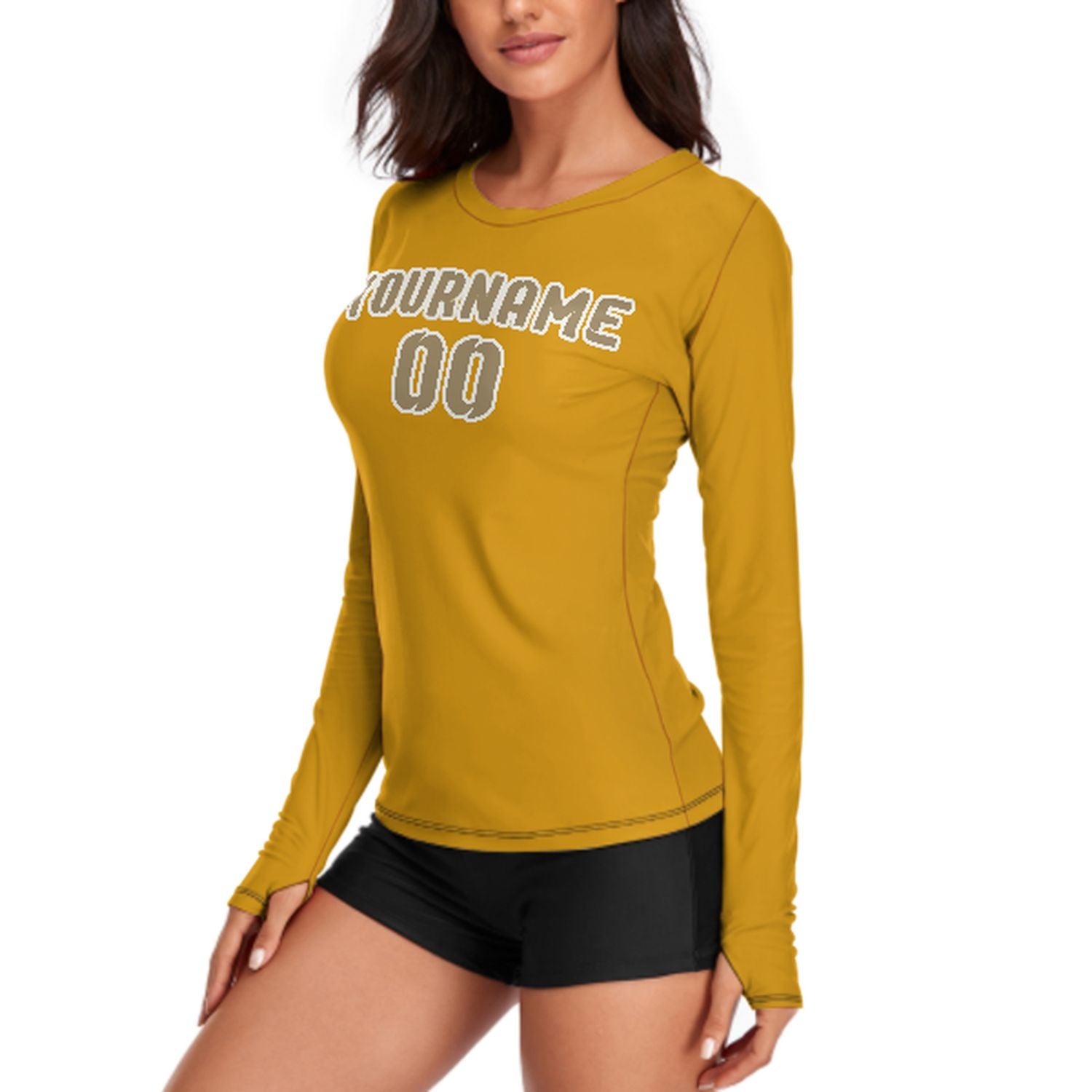 Maßgeschneidertes Gelb Hellkhaki Damen Langarmshirt