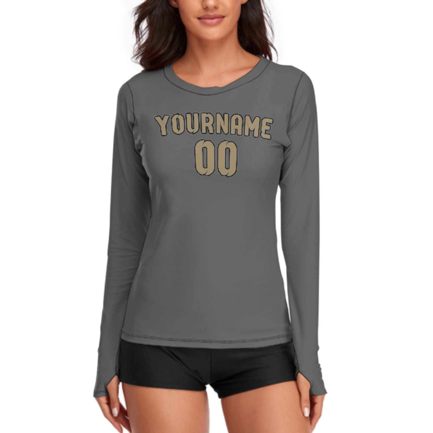Maßgeschneidertes Dunkelgrau Hellkhaki Damen Langarmshirt