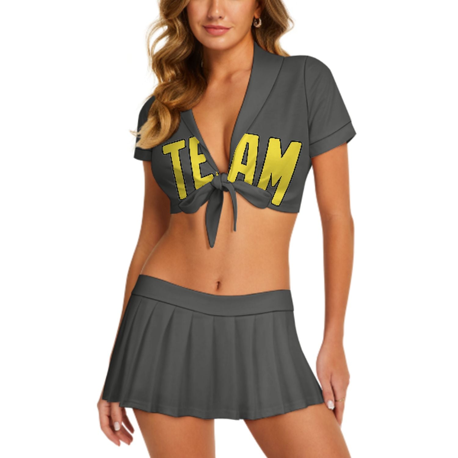 Maßgeschneidertes Dunkelgrau Blassgelb Cheerleader Outfit Set