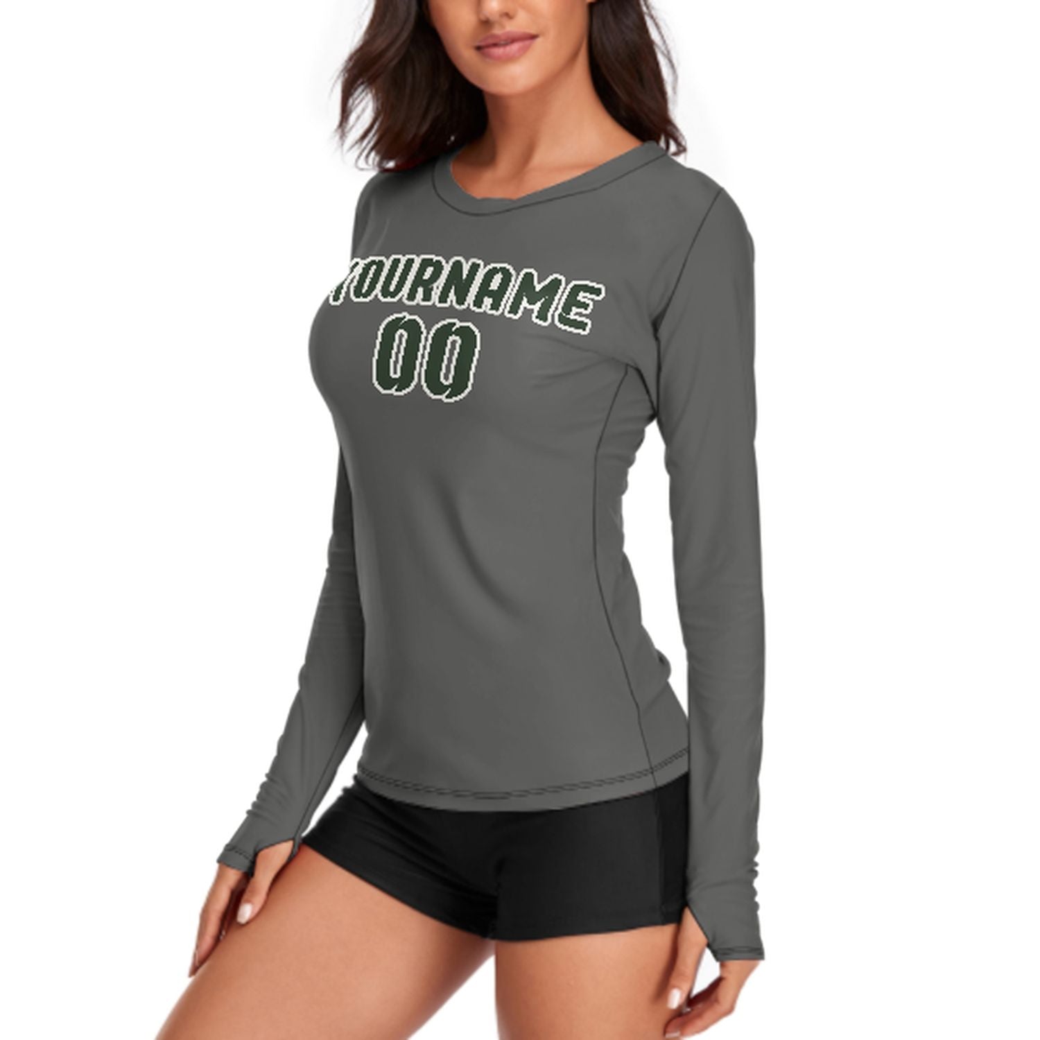 Maßgeschneidertes Dunkelgrau Tannengrün Damen Langarmshirt