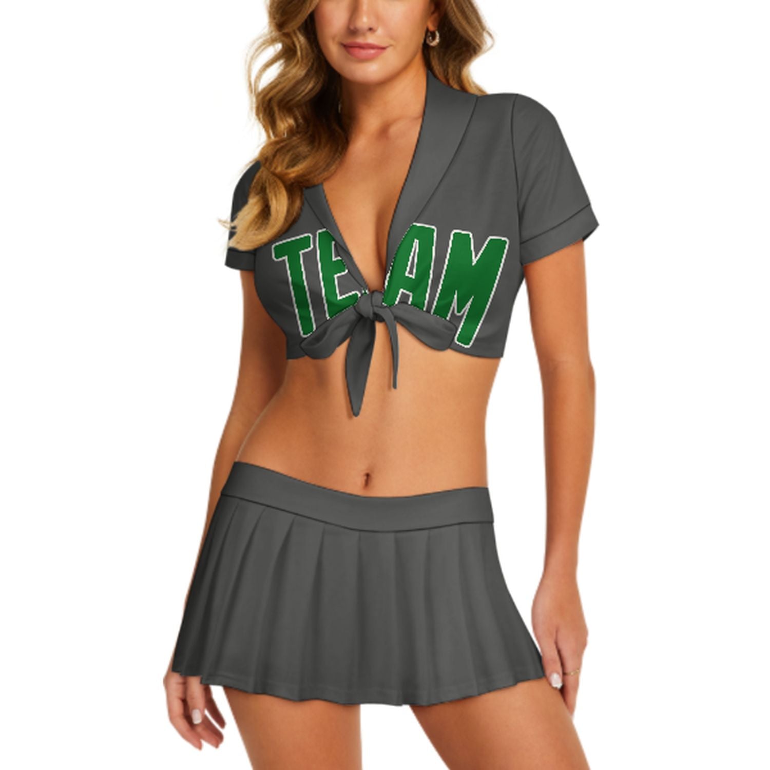 Maßgeschneidertes Dunkelgrau Smaragdgrün Cheerleader Outfit Set