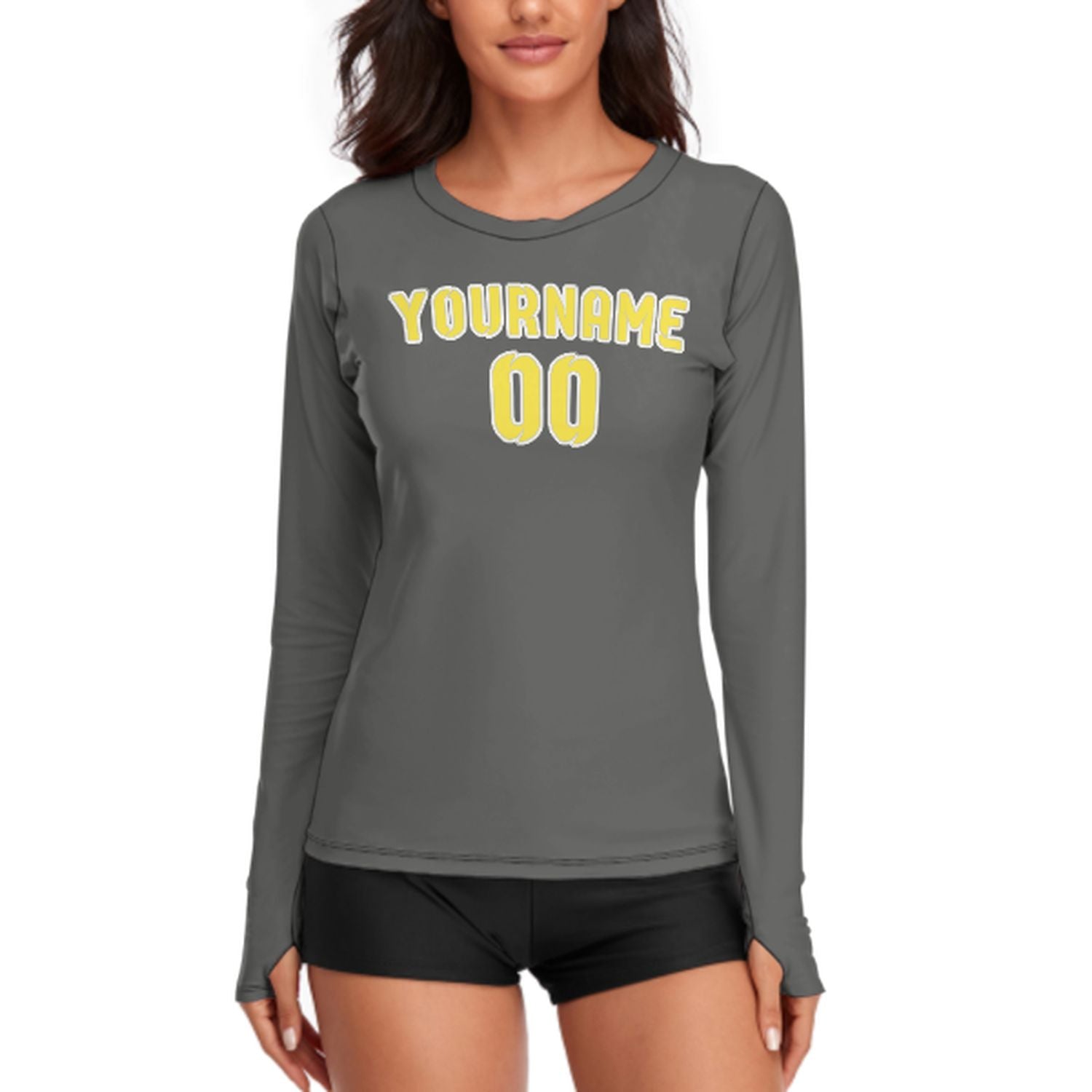 Maßgeschneidertes Dunkelgrau Blassgelb Damen Langarmshirt