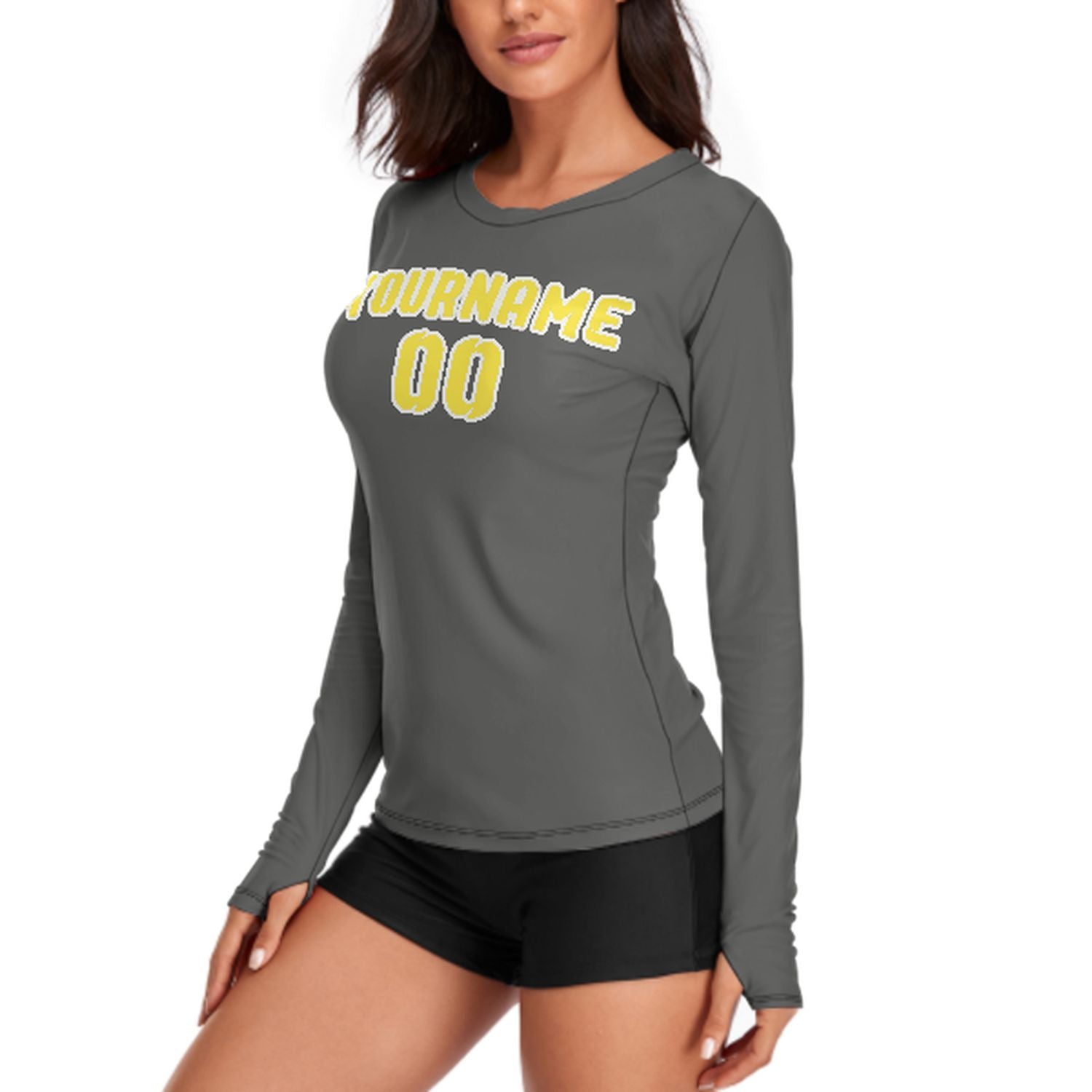 Maßgeschneidertes Dunkelgrau Blassgelb Damen Langarmshirt
