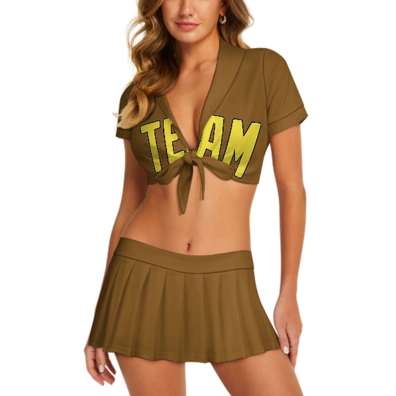 Maßgeschneidertes Khaki Blassgelb Cheerleader Outfit Set