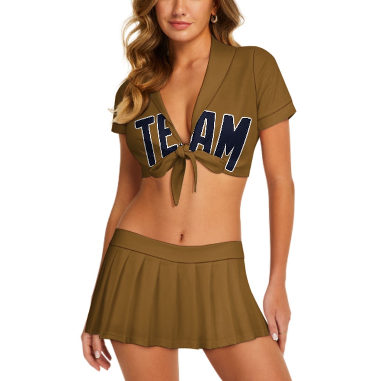 Maßgeschneidertes Khaki Stahlblau Cheerleader Outfit Set