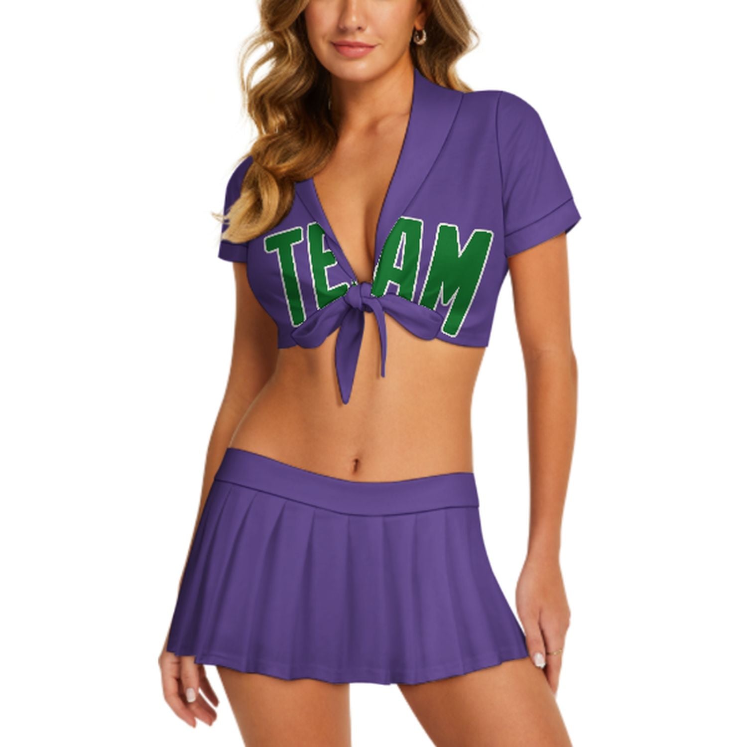 Maßgeschneidertes Lavendel Smaragdgrün Cheerleader Outfit Set