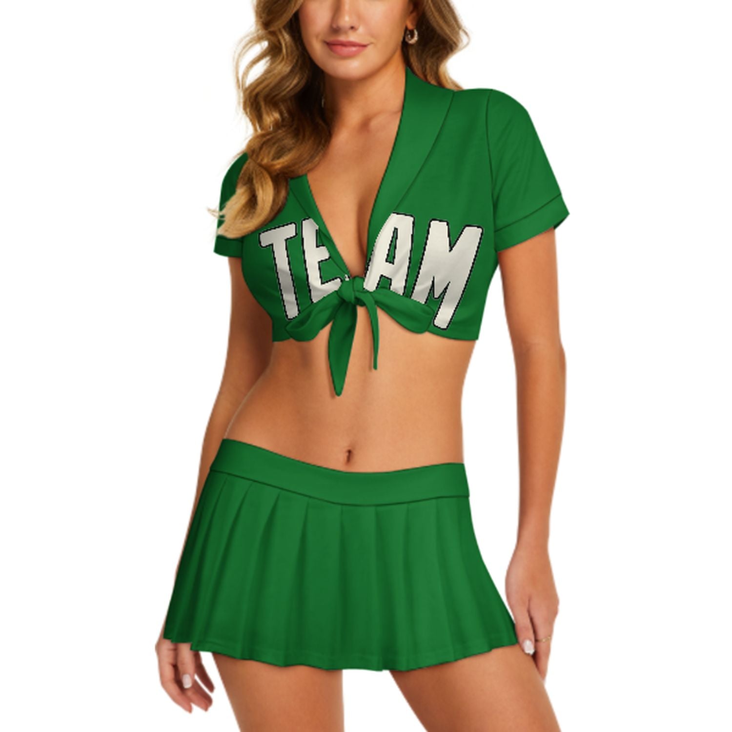Maßgeschneidertes Smaragdgrün Beige Cheerleader Outfit Set