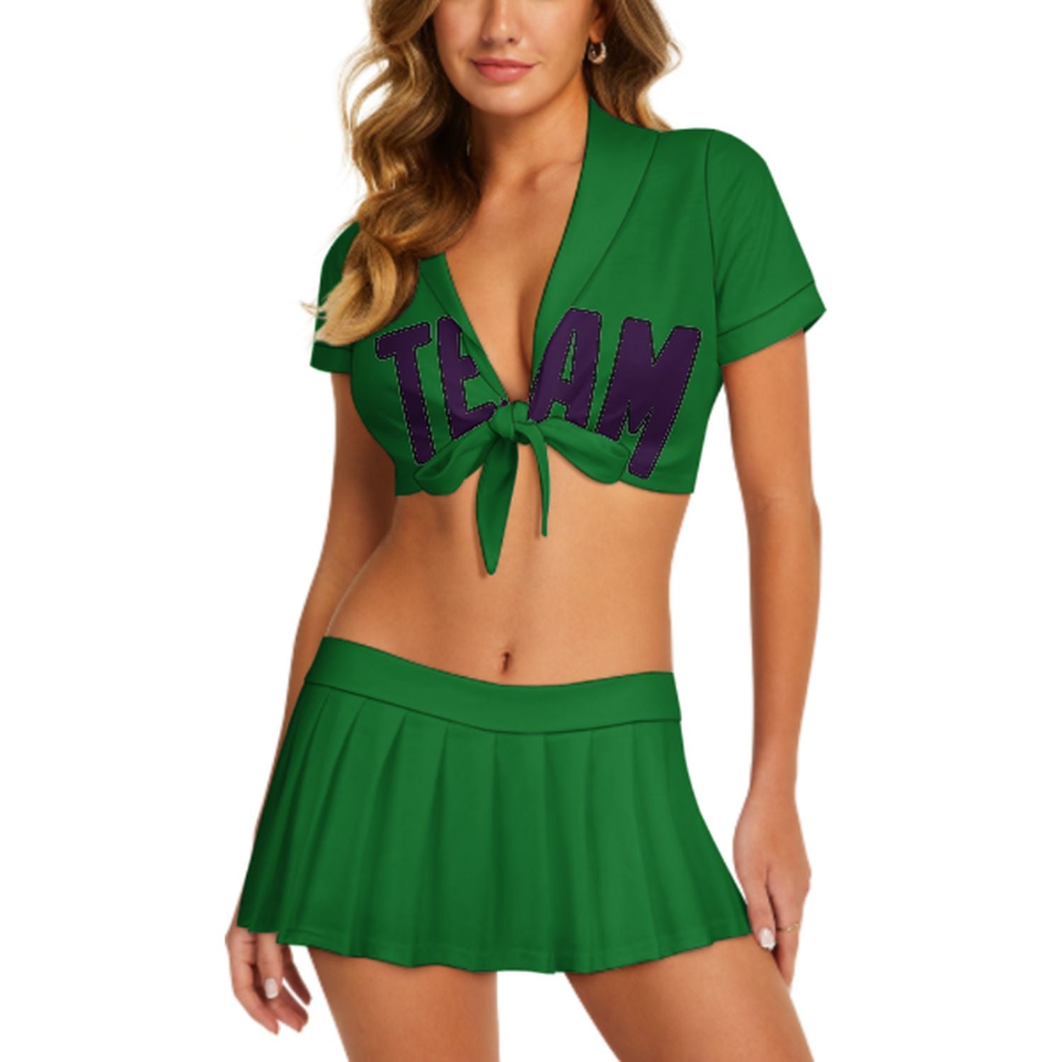 Maßgeschneidertes Smaragdgrün Lila Cheerleader Outfit Set
