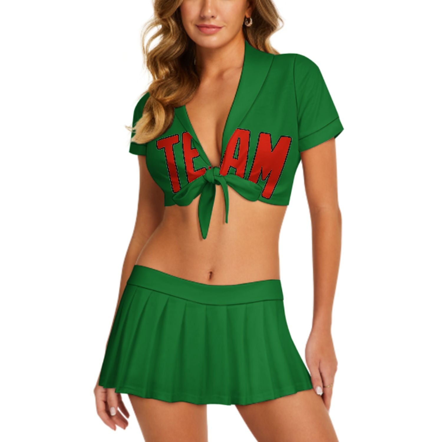 Maßgeschneidertes Smaragdgrün Orangerot Cheerleader Outfit Set