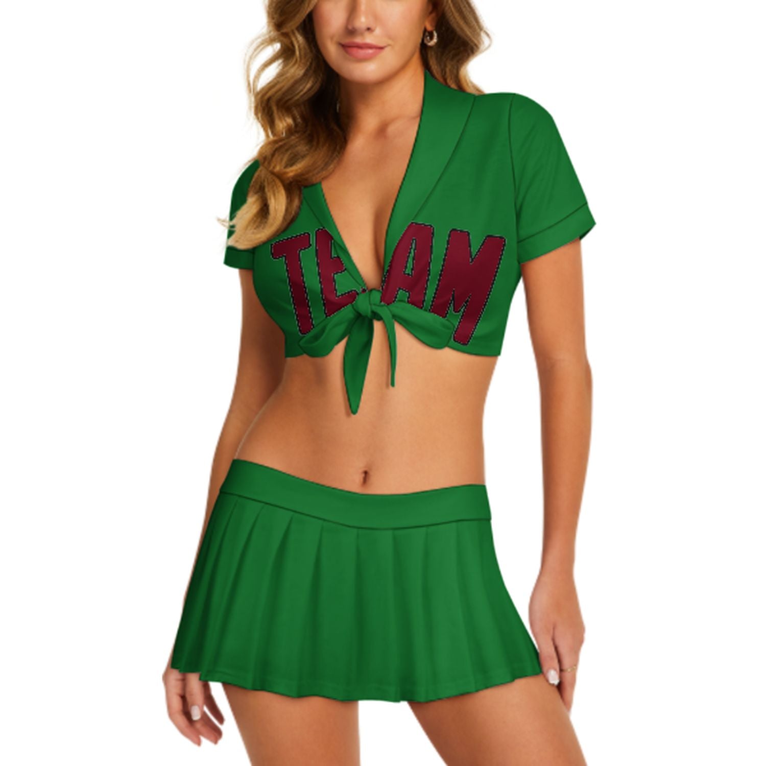 Maßgeschneidertes Smaragdgrün Karmesinrot Cheerleader Outfit Set
