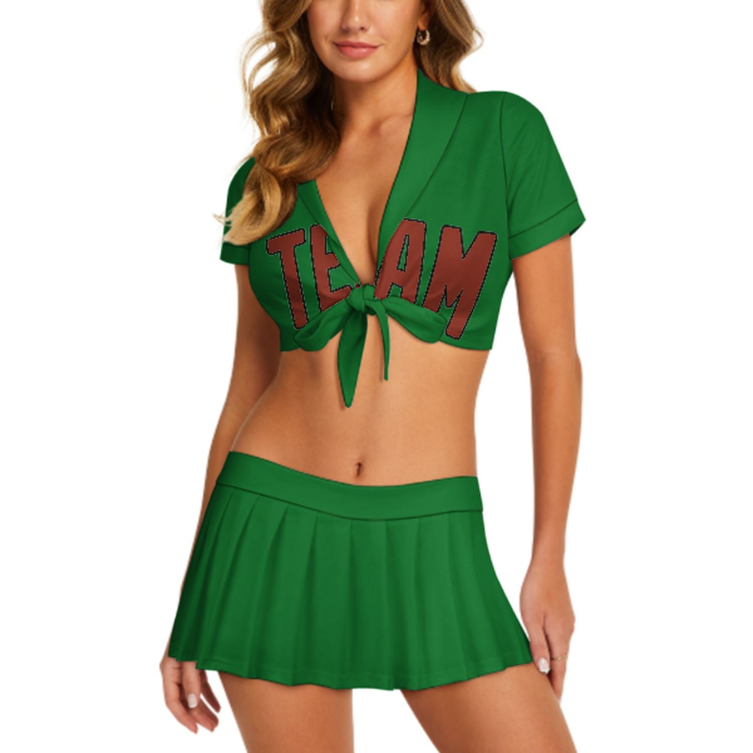 Maßgeschneidertes Smaragdgrün Korallenrot Cheerleader Outfit Set