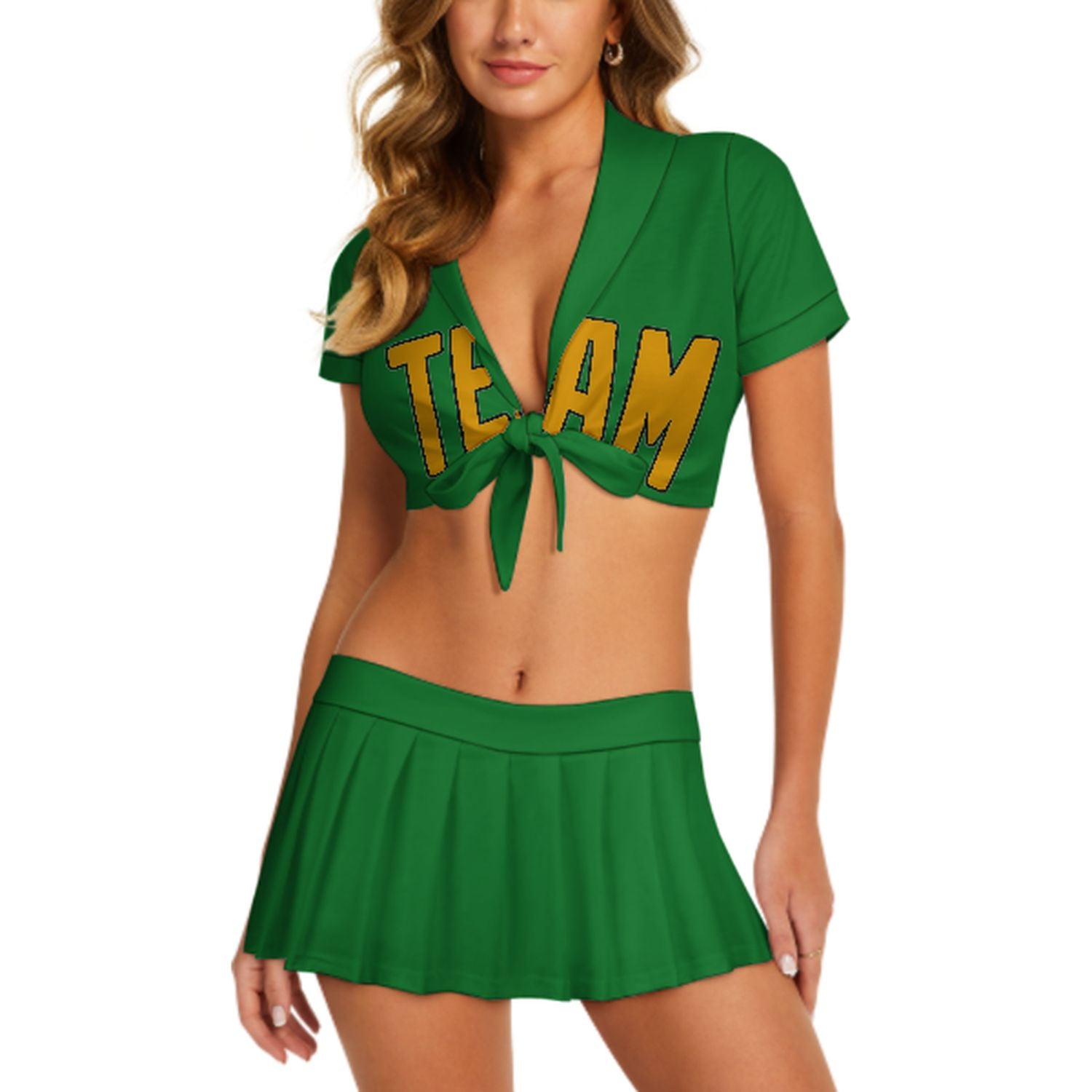 Maßgeschneidertes Smaragdgrün Gelb Cheerleader Outfit Set