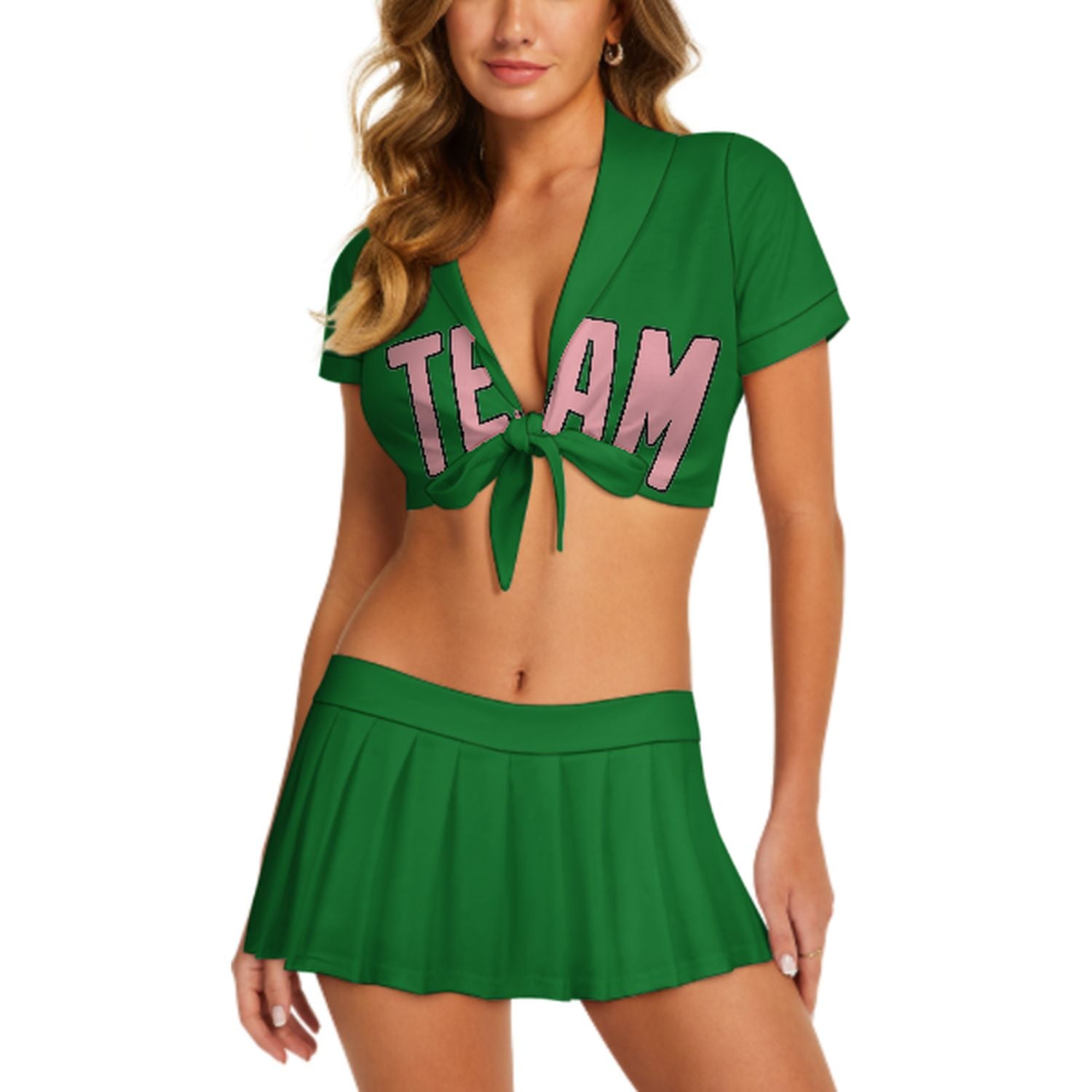 Maßgeschneidertes Smaragdgrün Rosa Cheerleader Outfit Set