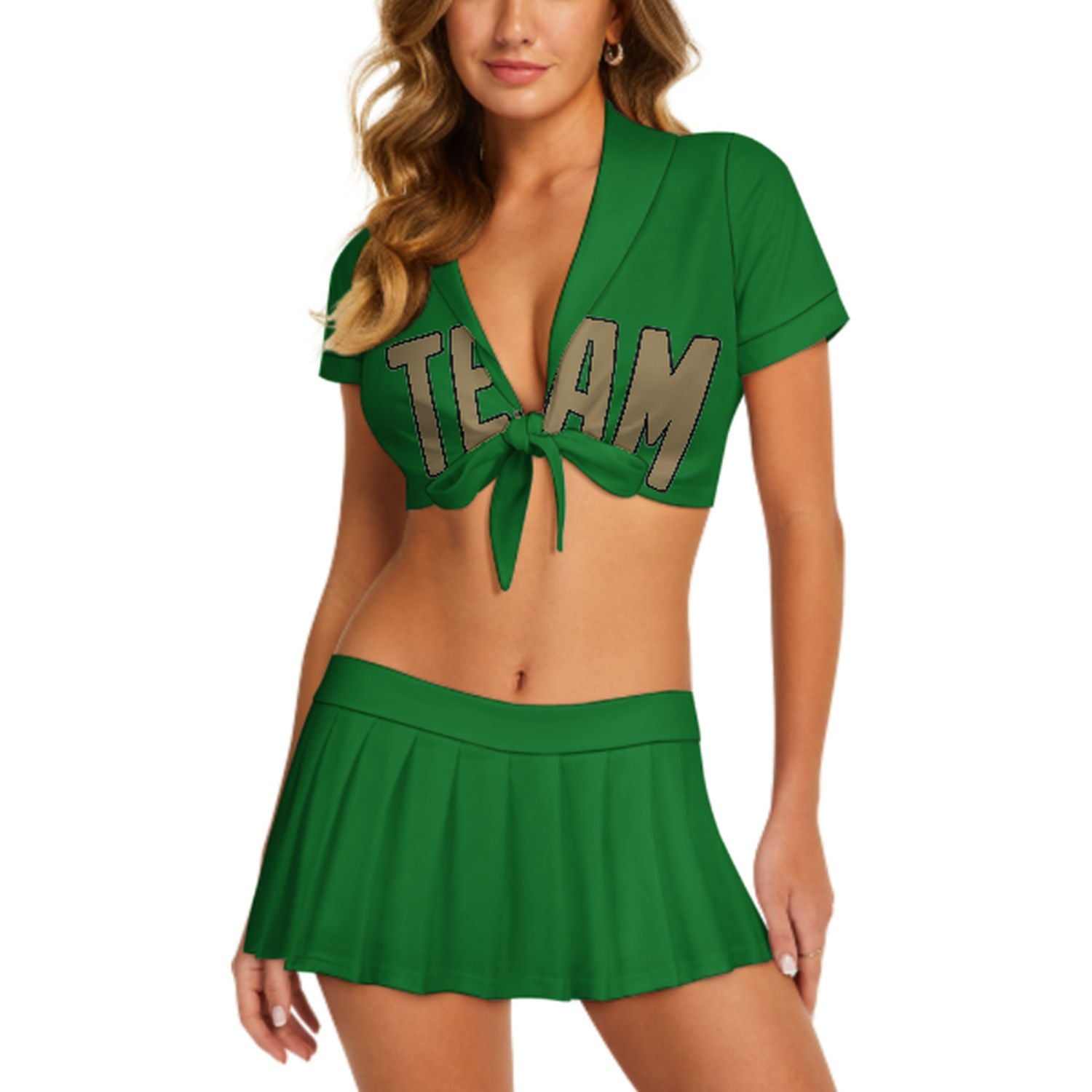 Maßgeschneidertes Smaragdgrün Hellkhaki Cheerleader Outfit Set