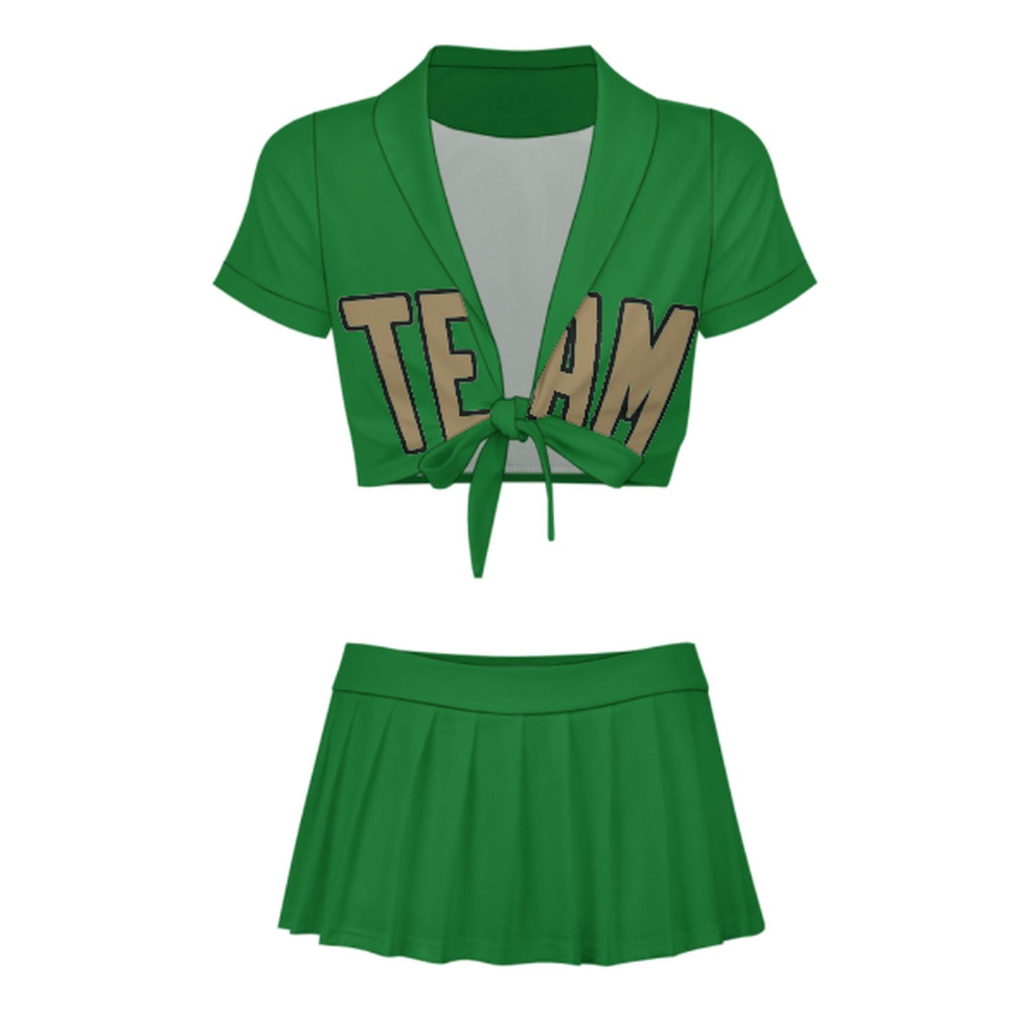 Maßgeschneidertes Smaragdgrün Hellkhaki Cheerleader Outfit Set