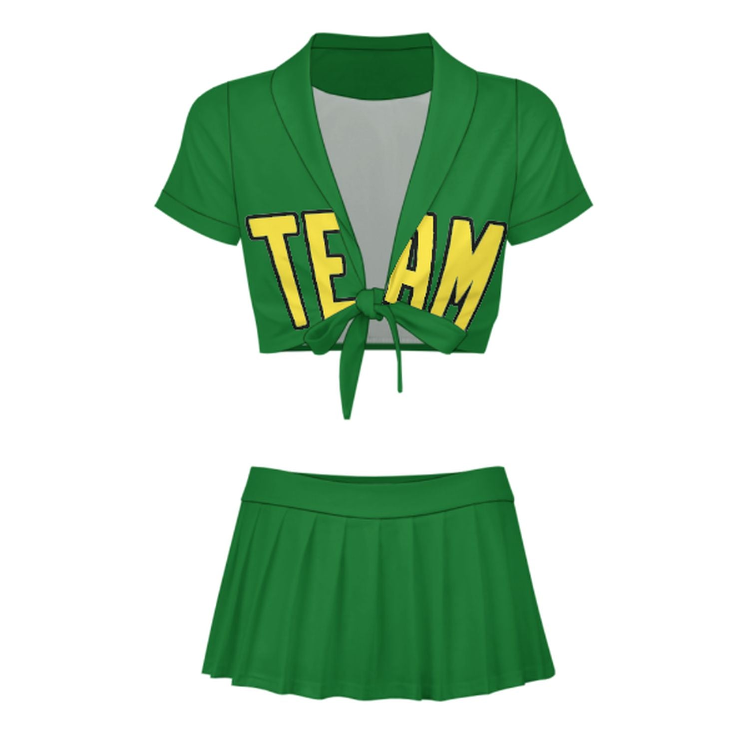 Maßgeschneidertes Smaragdgrün Blassgelb Cheerleader Outfit Set