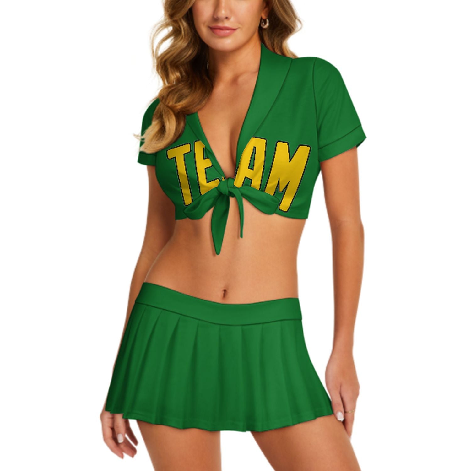 Maßgeschneidertes Smaragdgrün Gold Cheerleader Outfit Set