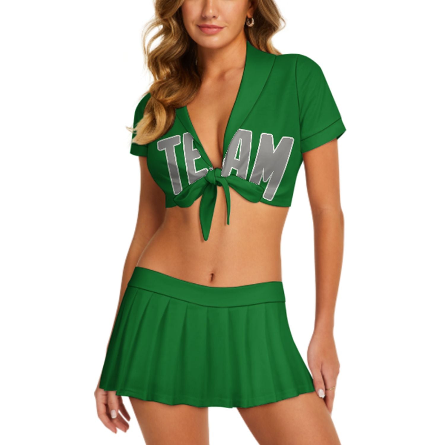 Maßgeschneidertes Smaragdgrün Grau Cheerleader Outfit Set