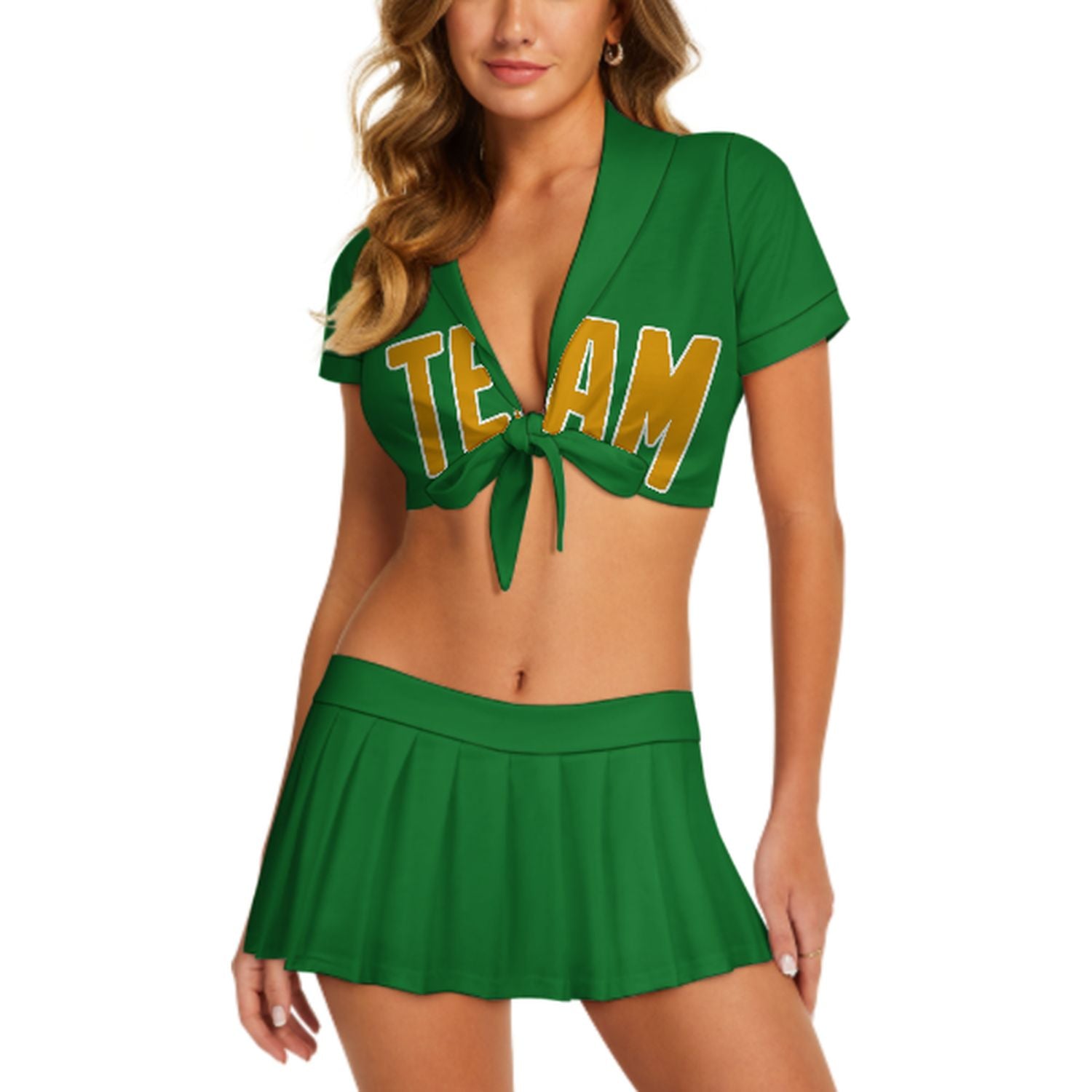 Maßgeschneidertes Smaragdgrün Gelb Cheerleader Outfit Set